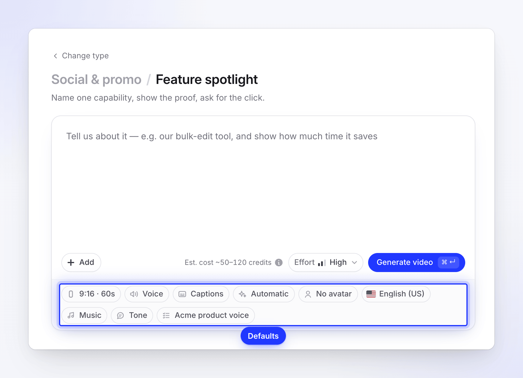 Compose for a Feature spotlight clip with its default settings pills and Effort High beside Generate video