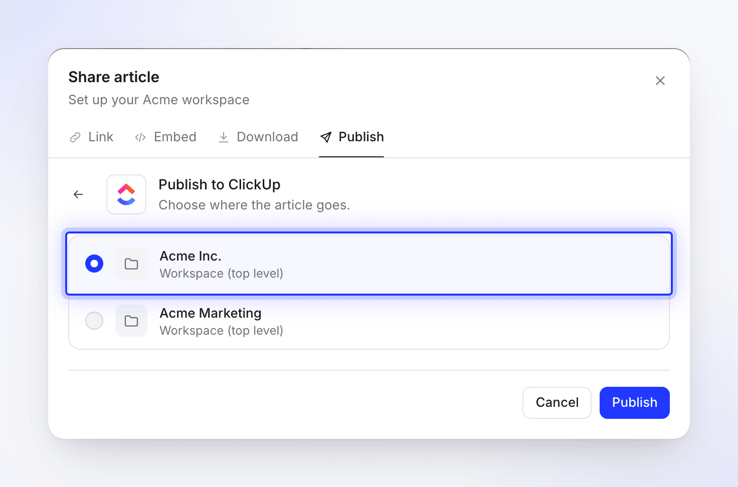 The Publish to ClickUp list of Workspaces with Acme Inc. selected