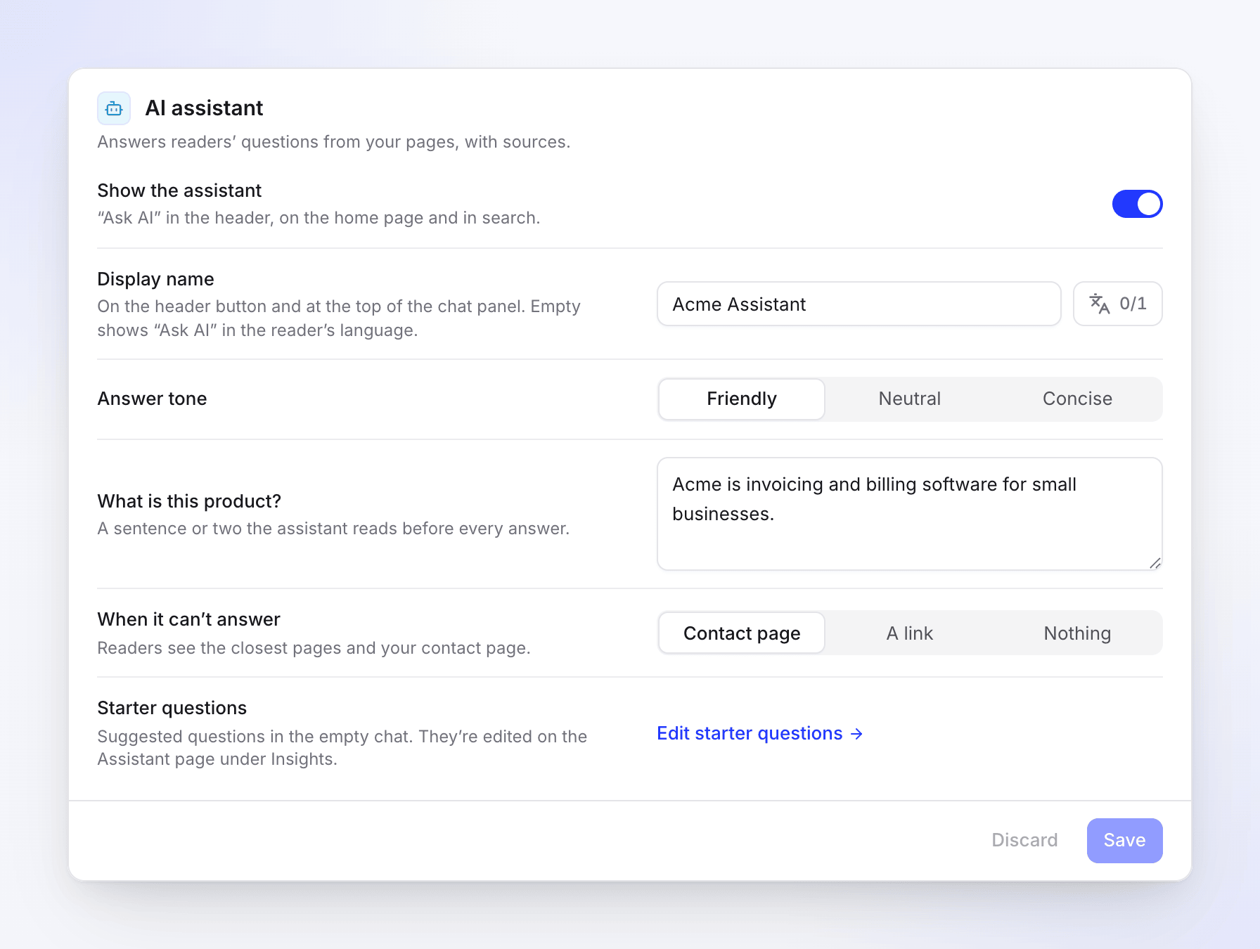 Settings, AI assistant card: Show the assistant on, display name Acme Assistant, answer tone, product description and When it can't answer