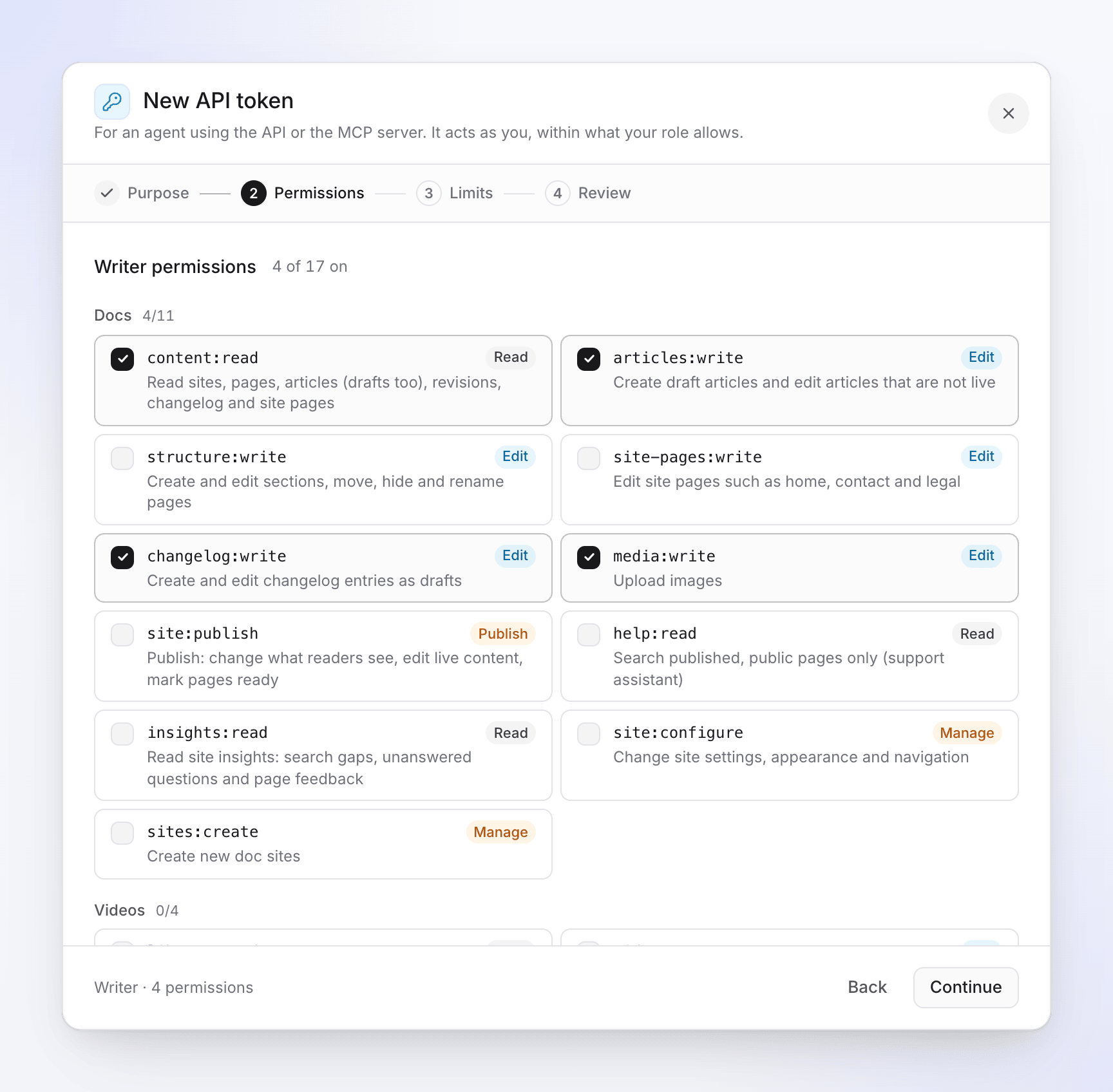 Step 2, Permissions: the Writer preset's permissions ticked, grouped by toolset, each with a short description and a Read, Edit, Publish or Manage badge.