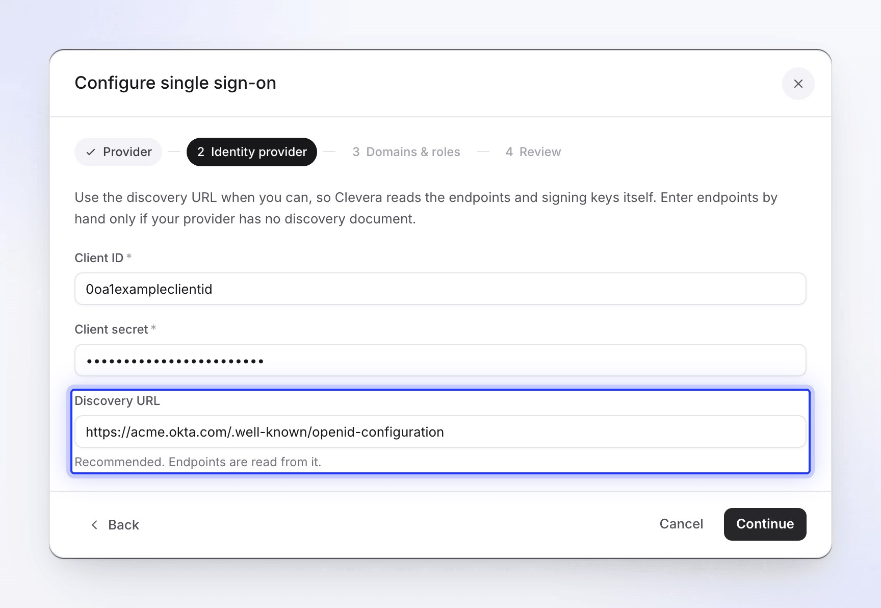 Step 2 of the SSO setup dialog for OpenID Connect with client ID, secret and discovery URL