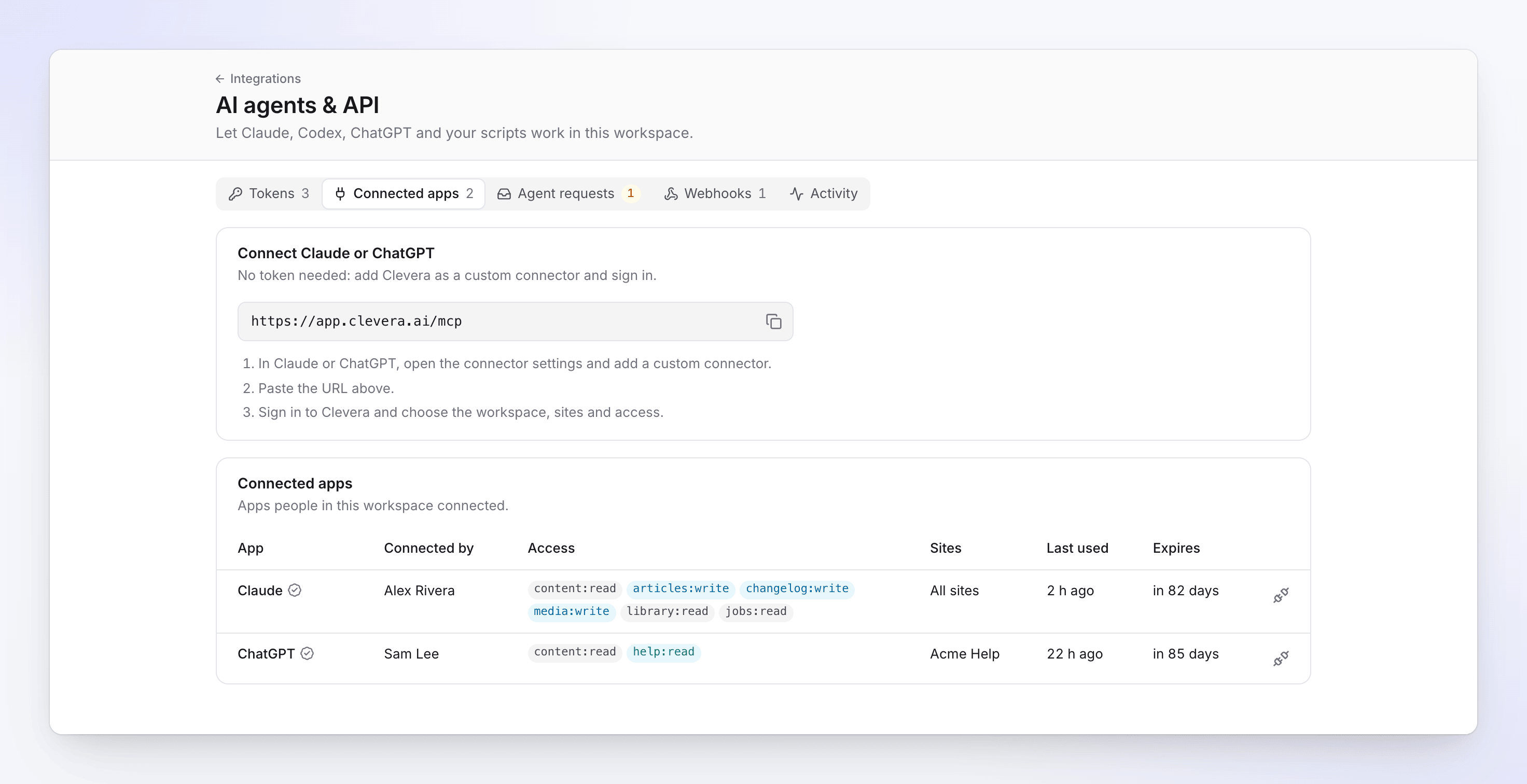 The Connected apps tab: the connector URL with three setup steps, and Claude and ChatGPT listed as connected apps.
