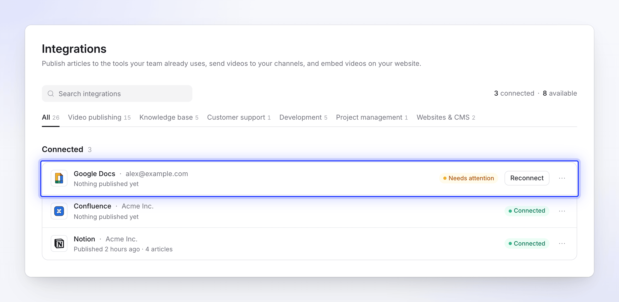 Connected integrations with their accounts and last publish; Google Docs needs attention and shows Reconnect