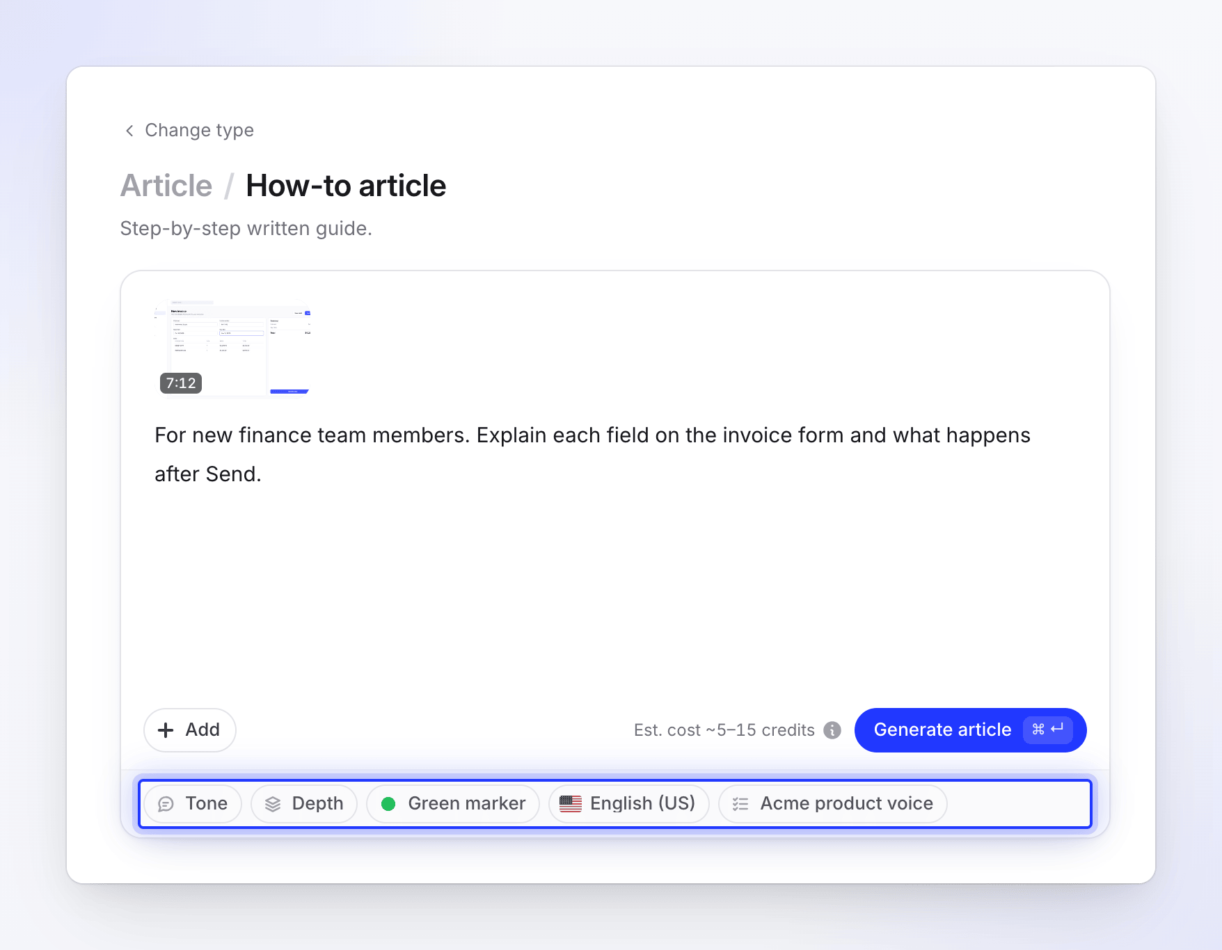 Compose for a how-to article with one recording and the Tone, Depth, Green marker, language and AI rules pills