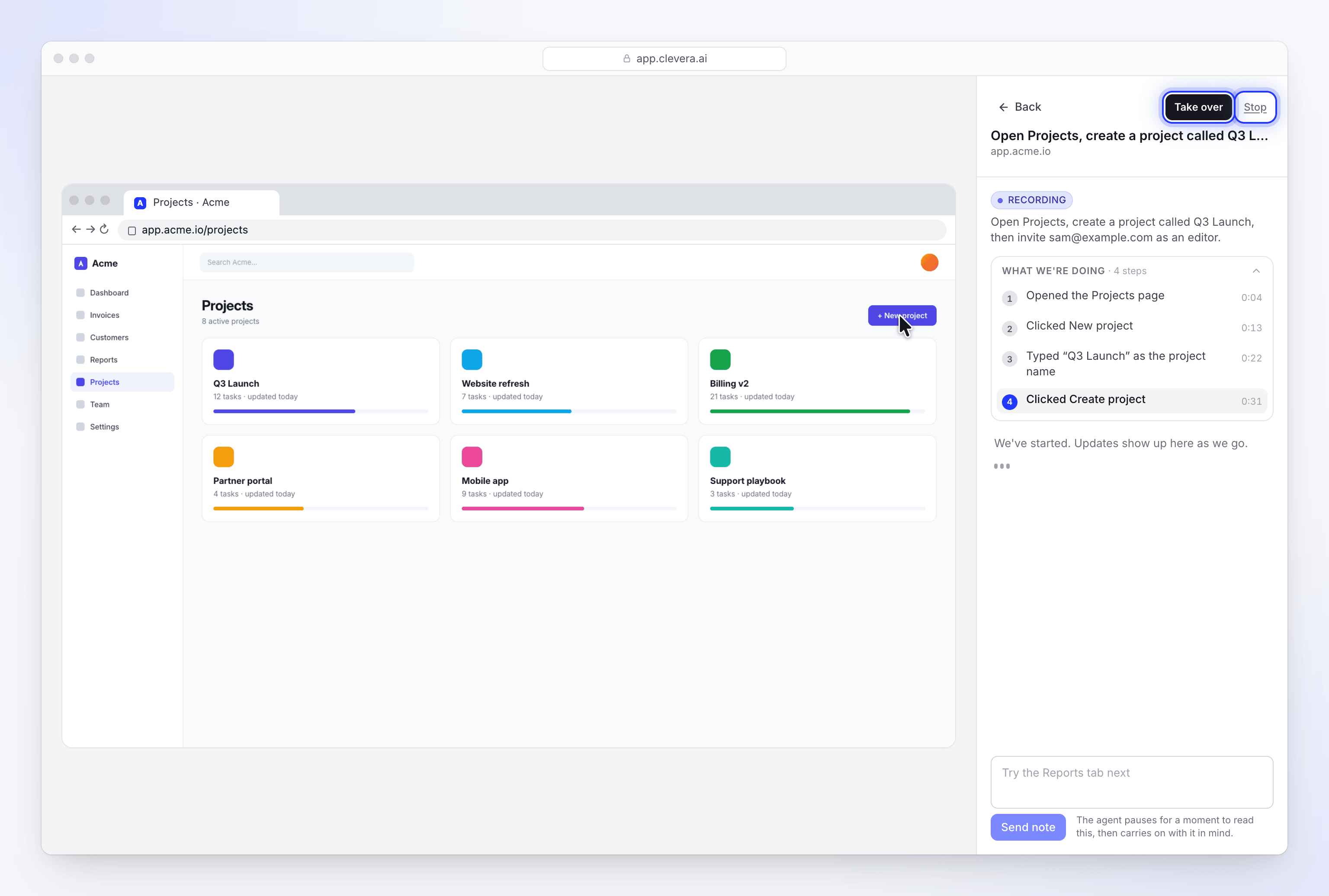 The Record with AI live page with the browser on the left and the AI's steps on the right