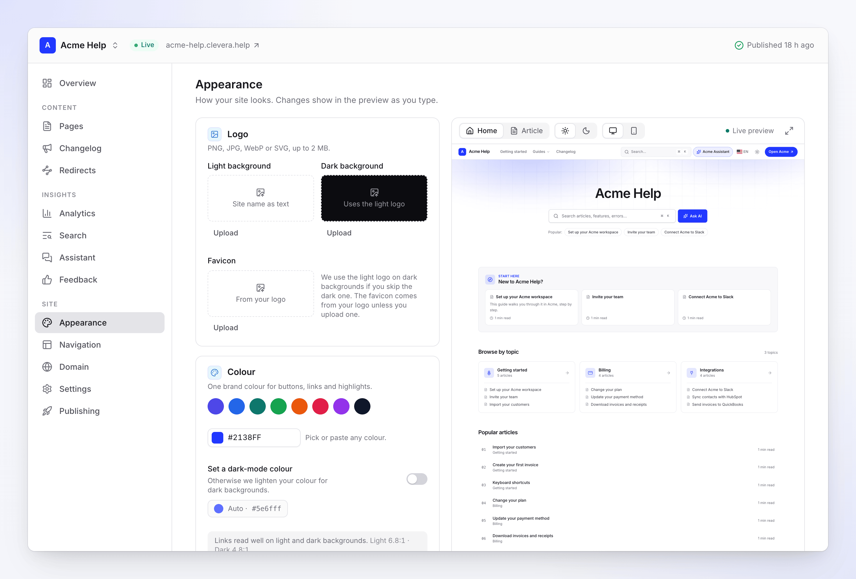 The Appearance screen: logo slots, favicon and brand colour on the left, a live preview of the Acme Help home page on the right