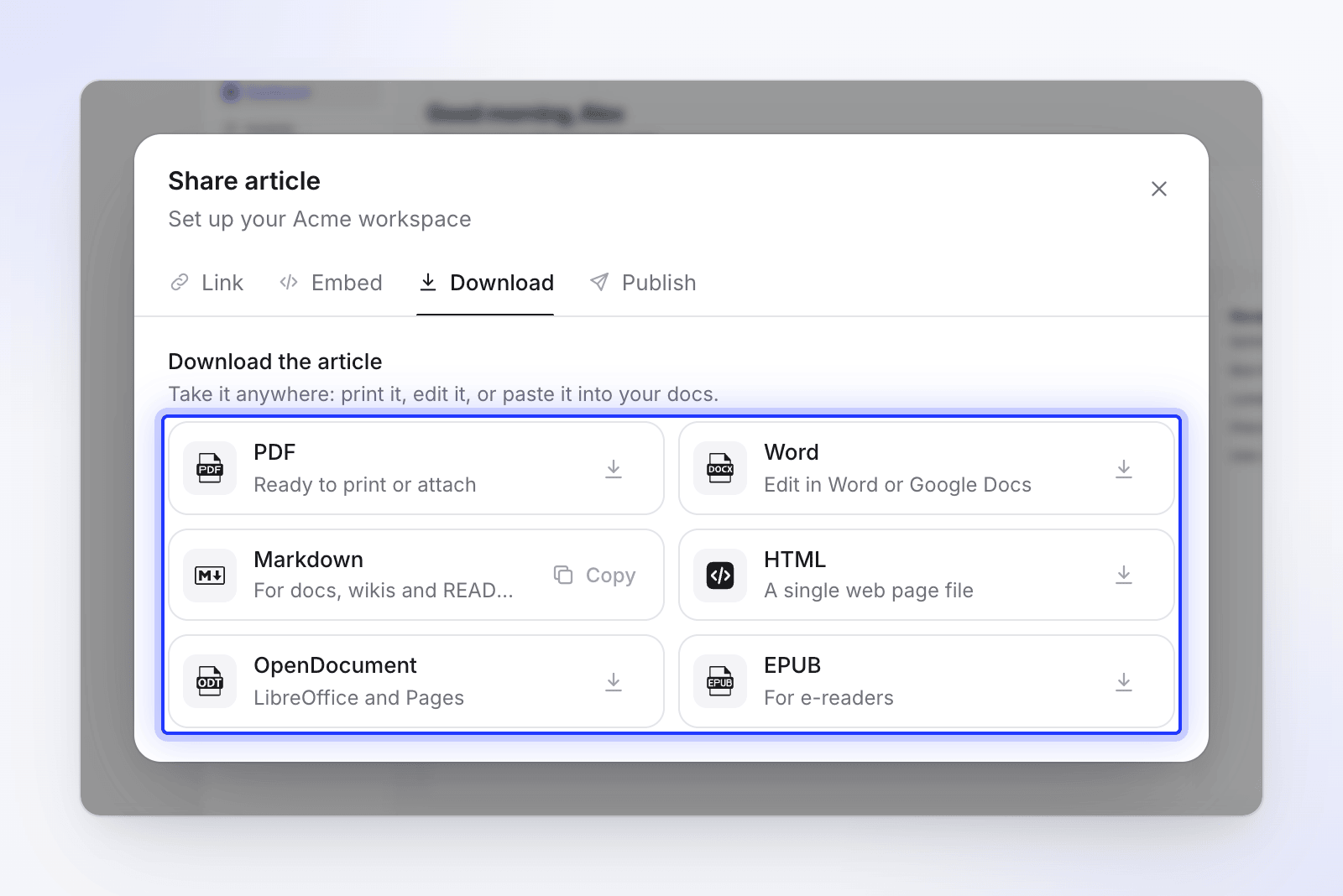 The Download tab listing PDF, Word, Markdown, HTML, OpenDocument and EPUB