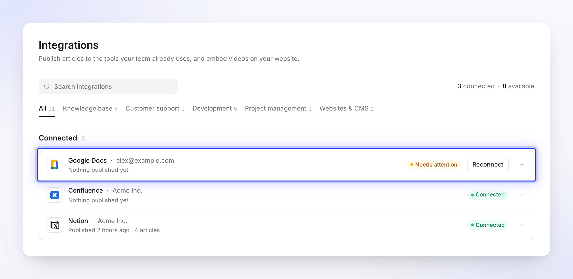 Connected integrations with their accounts and last publish; Google Docs needs attention and shows Reconnect