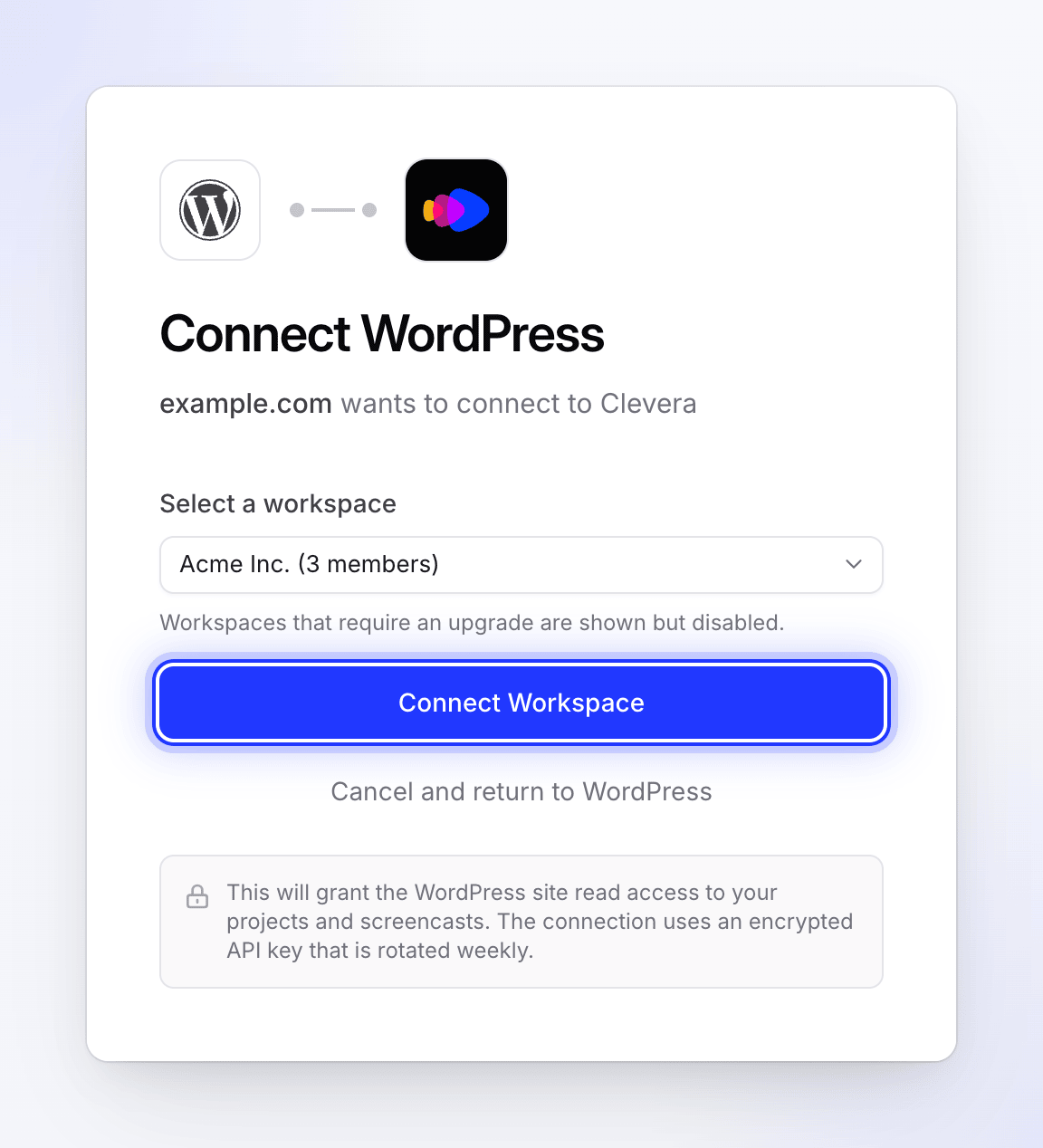 Clevera fragt, welcher Arbeitsbereich mit example.com verbunden werden soll, mit ausgewähltem Acme Inc. und Workspace verbinden