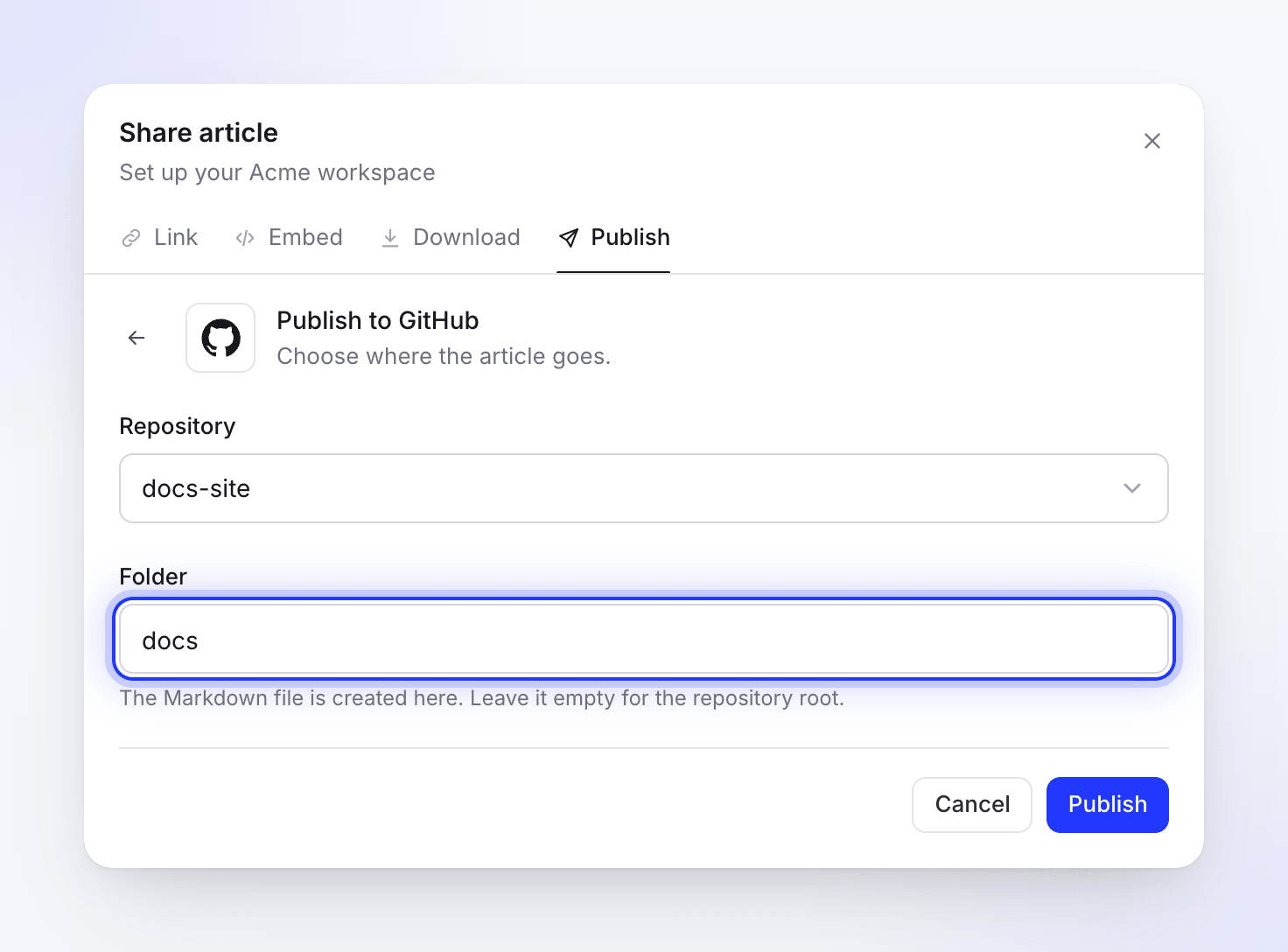 The Publish to GitHub form with the docs-site repository and the docs folder