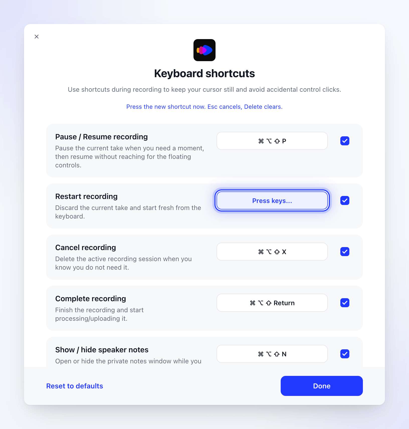 The Keyboard shortcuts window with the Restart recording field waiting for new keys.