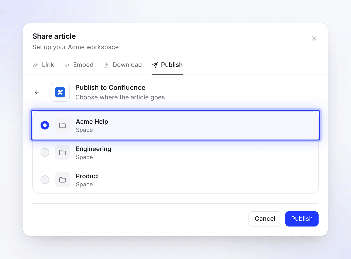 The Publish to Confluence list of spaces with Acme Help selected