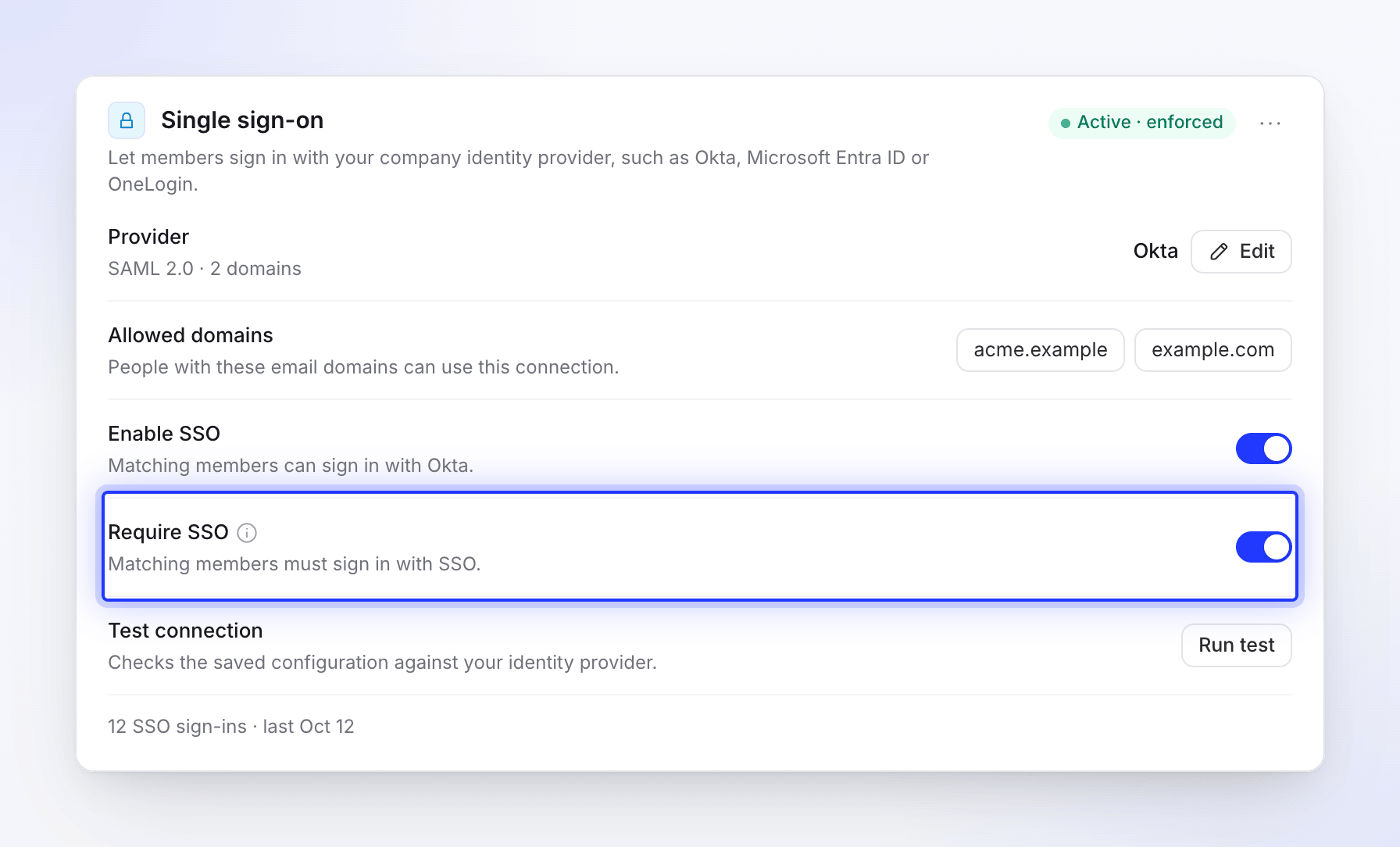 The Single sign-on card with SSO enabled and required, showing Active · enforced