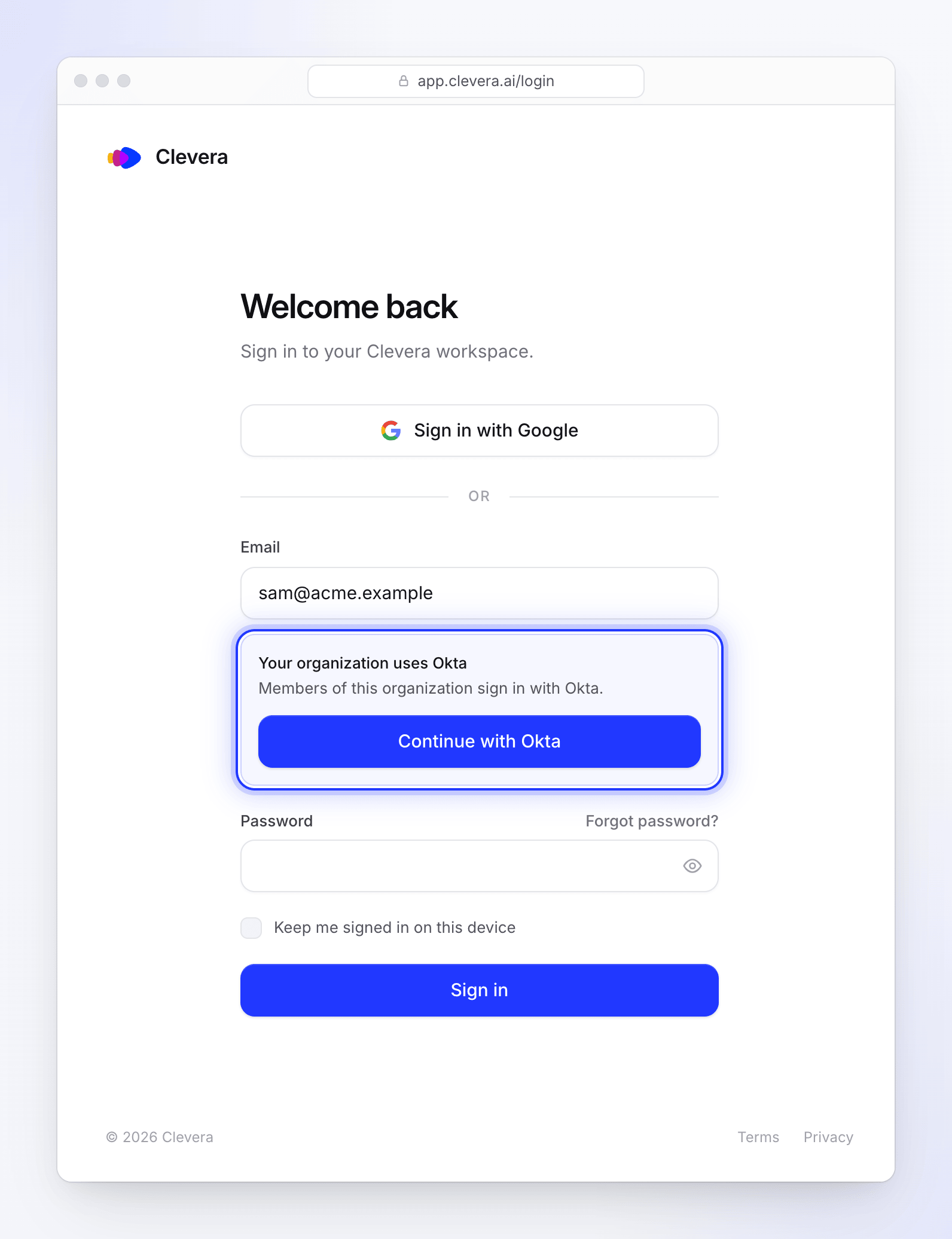 The Clevera sign-in page offering Continue with Okta for an acme.example address
