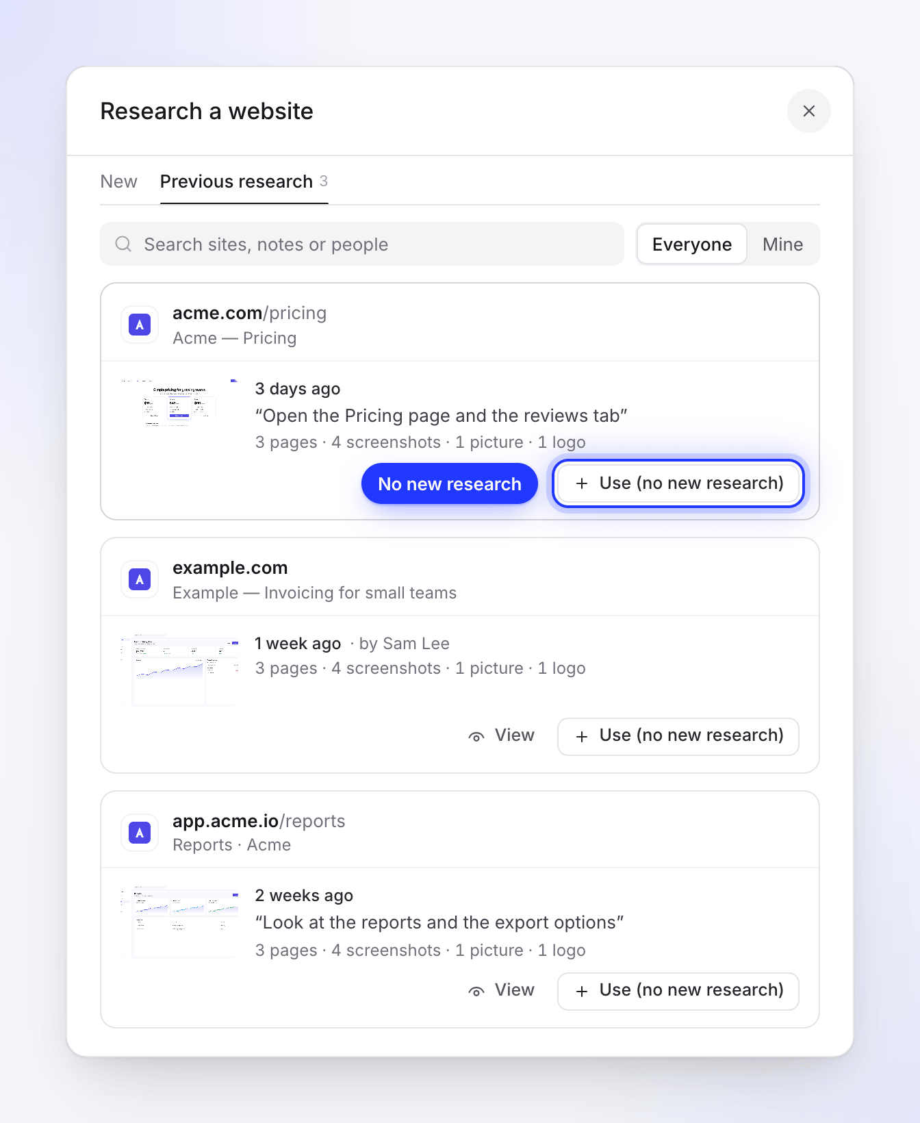 The Previous research tab listing earlier researched sites with Use (no new research) buttons