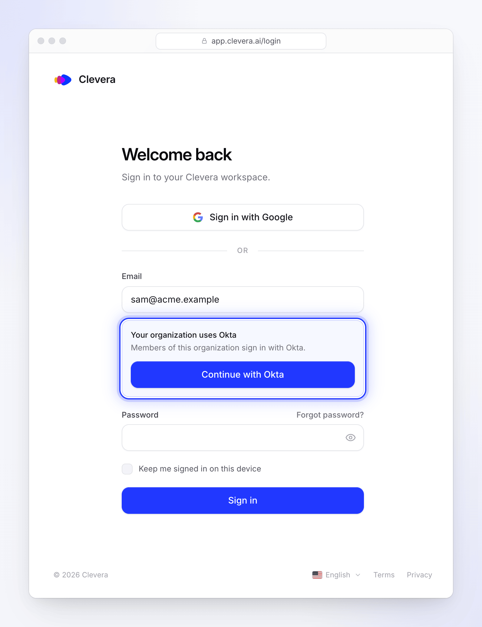 La pagina di accesso di Clevera che offre Continua con Okta per un indirizzo acme.example
