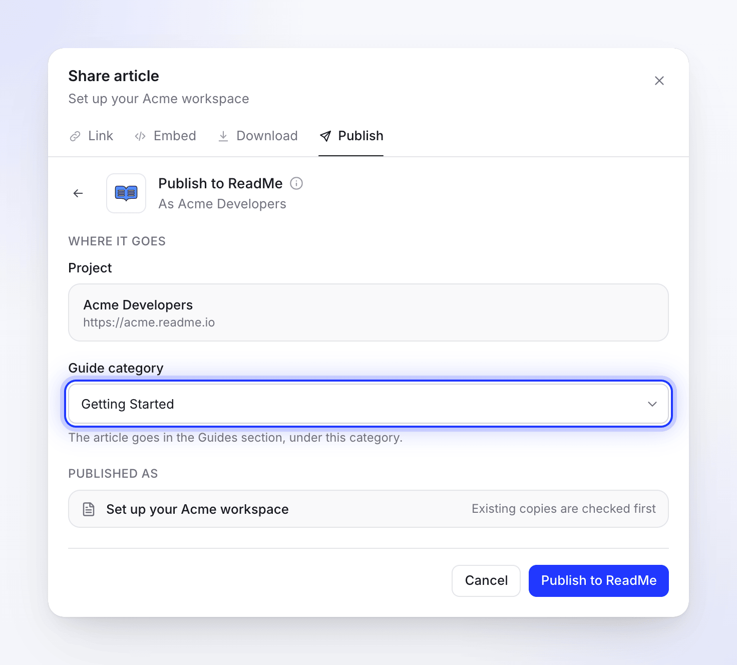 Publier sur ReadMe avec le projet Acme Developers et la catégorie de guide Getting Started