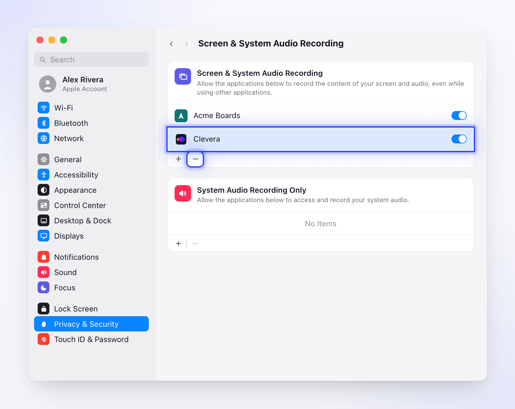 macOS Screen Recording privacy settings with Clevera selected.