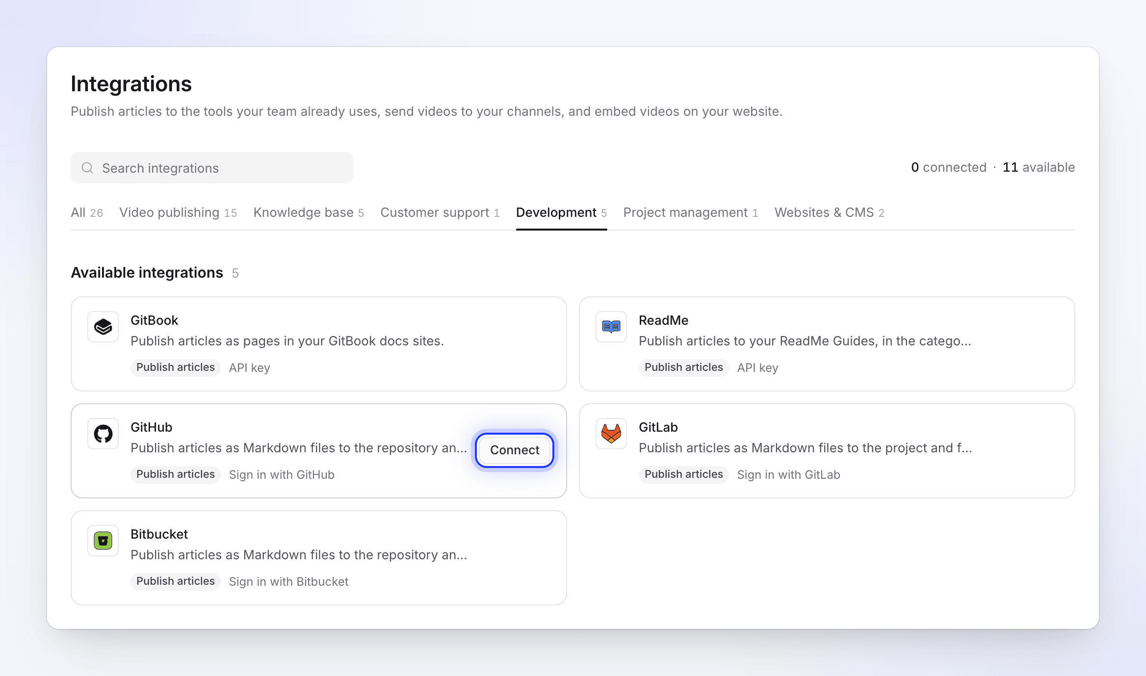 La pagina Integrazioni nella scheda Sviluppo con Connetti mostrato sulla scheda GitHub