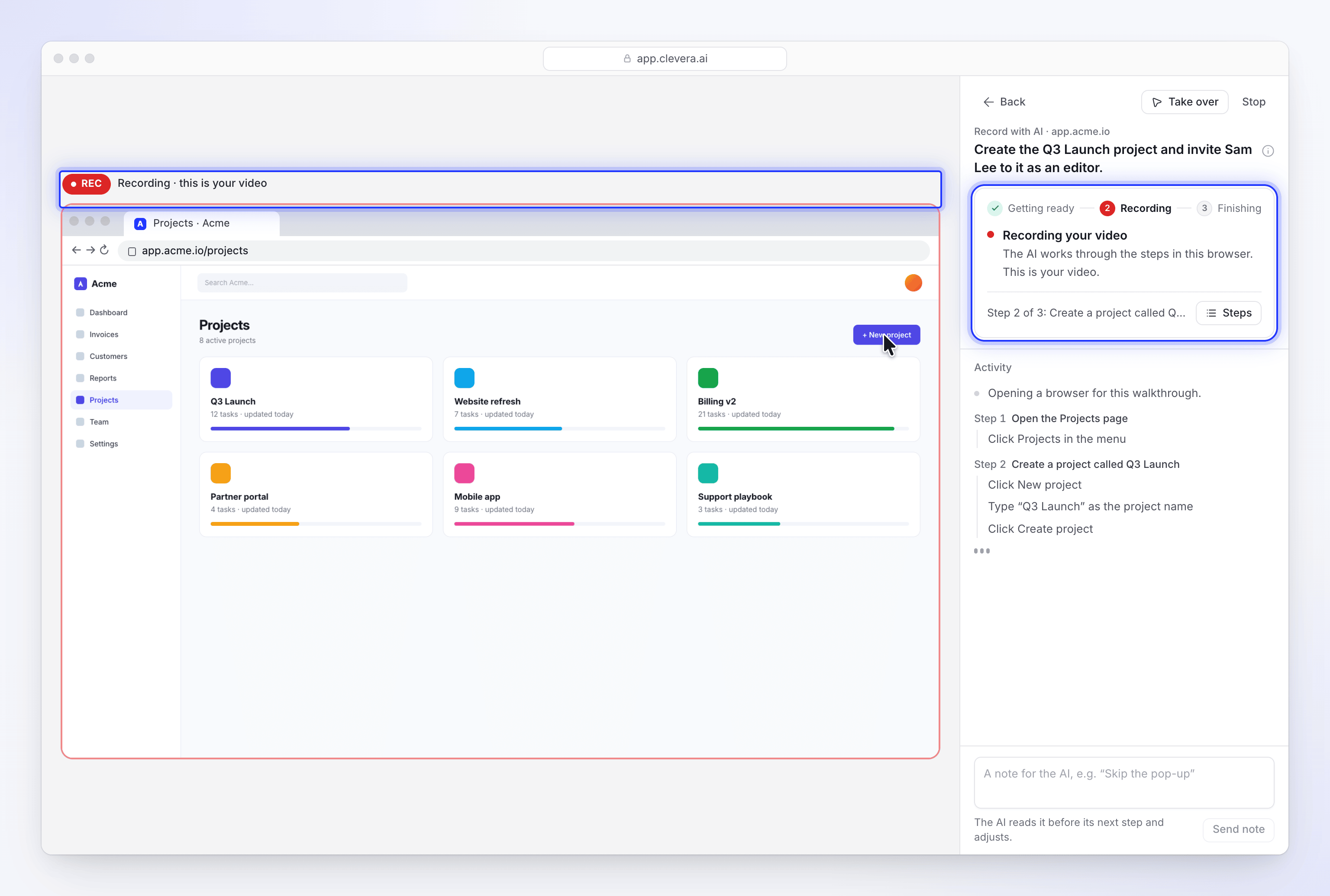 The Record with AI live page while recording, with REC above the browser, the stepper and the current step on the right