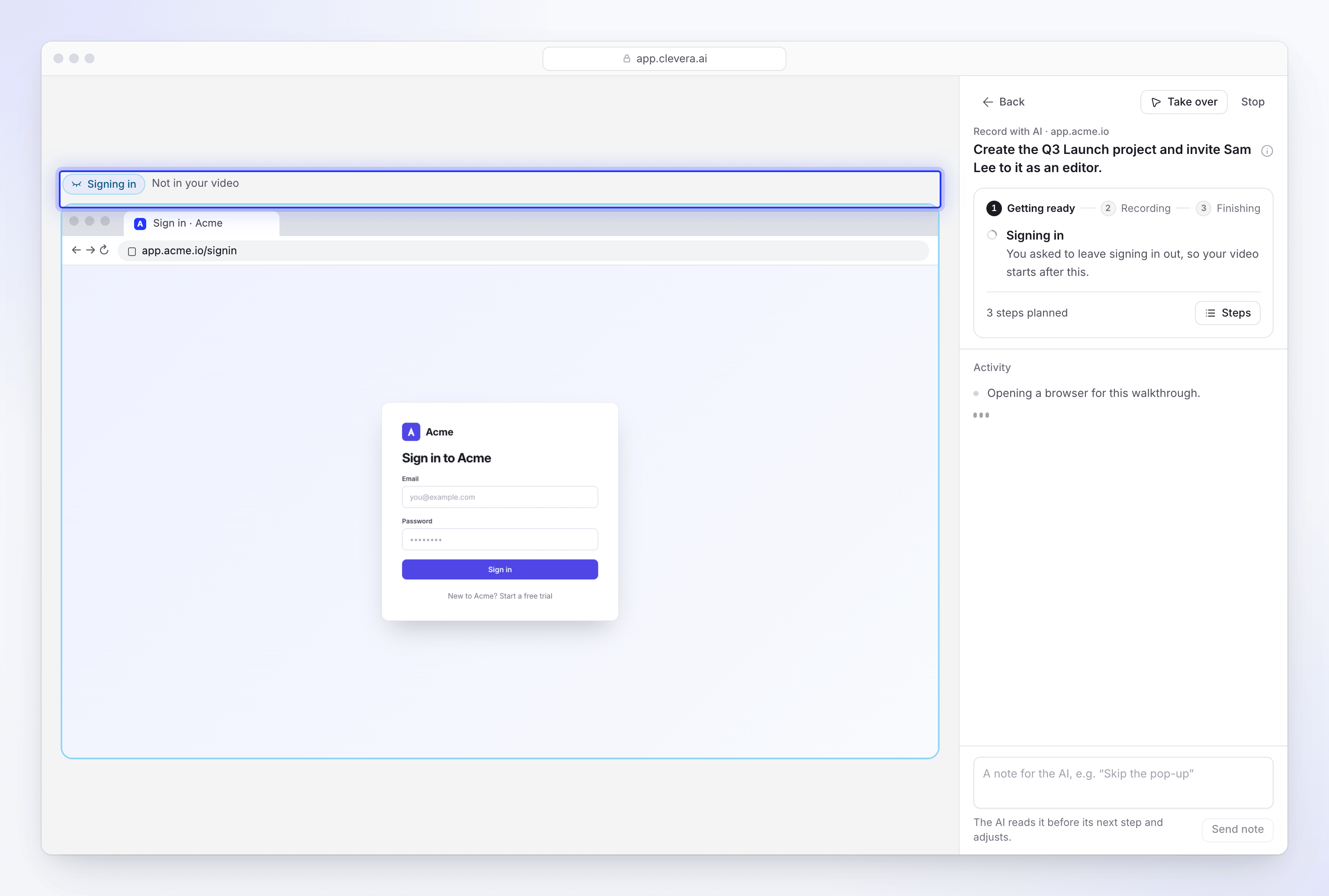 The live page while the AI signs in, with Signing in and Not in your video above the browser