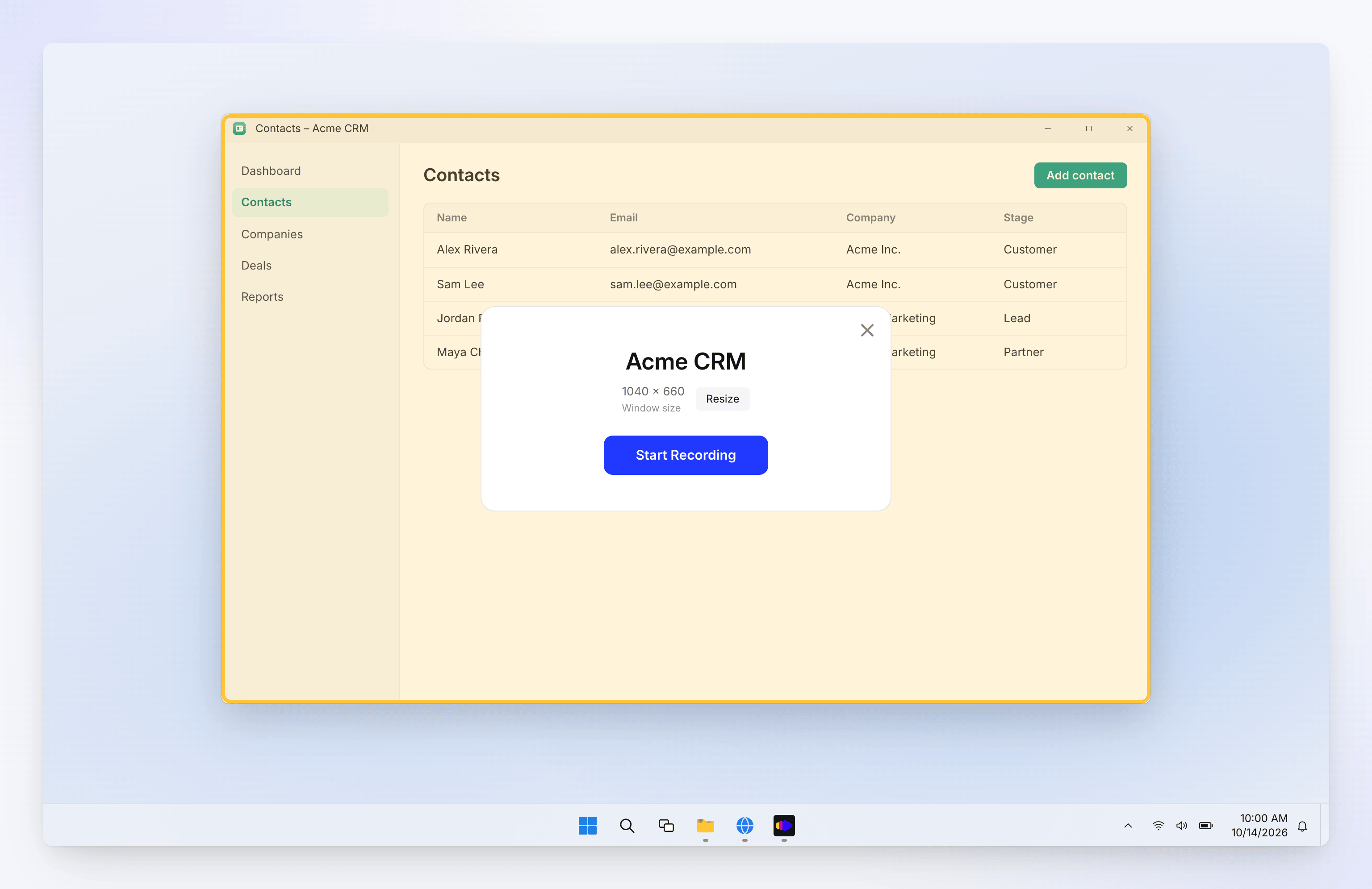 Windows: the Acme CRM window outlined in yellow with a card showing its window size, a Resize button and Start Recording.