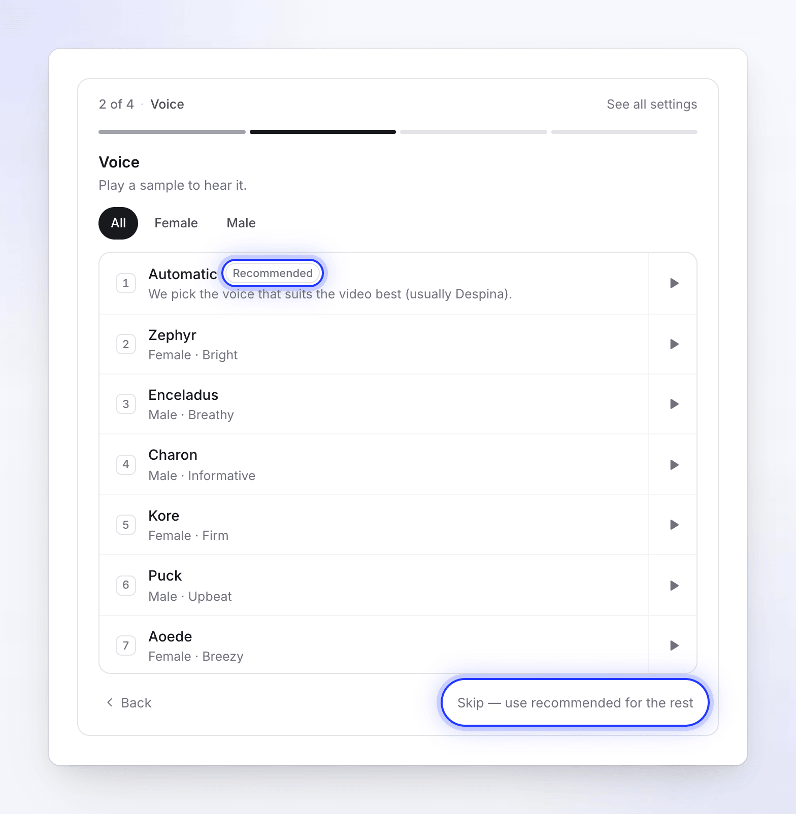 The settings step 2 of 4, Voice, with Automatic marked Recommended and Skip — use recommended for the rest