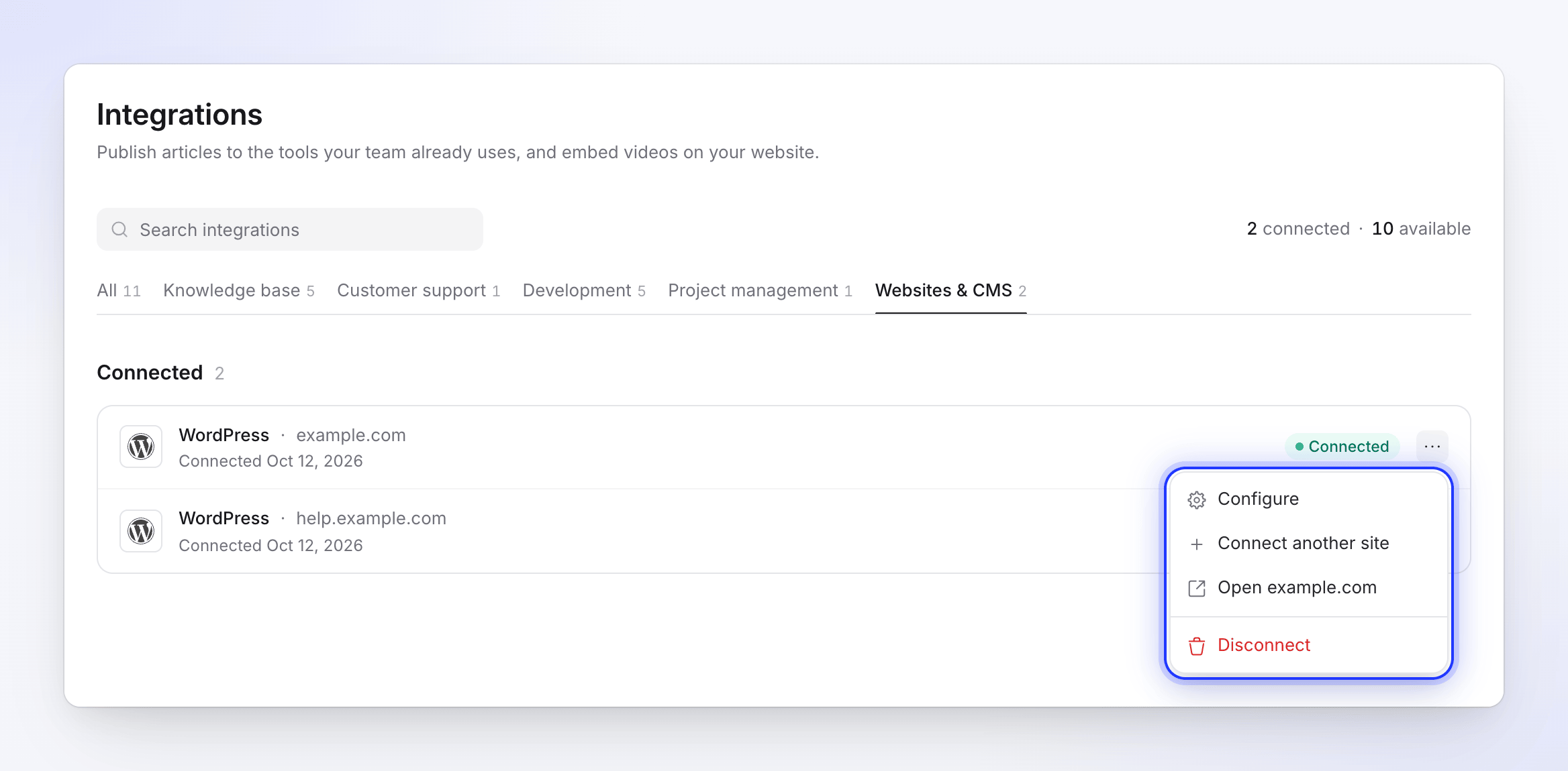 Two connected WordPress sites with the row menu open