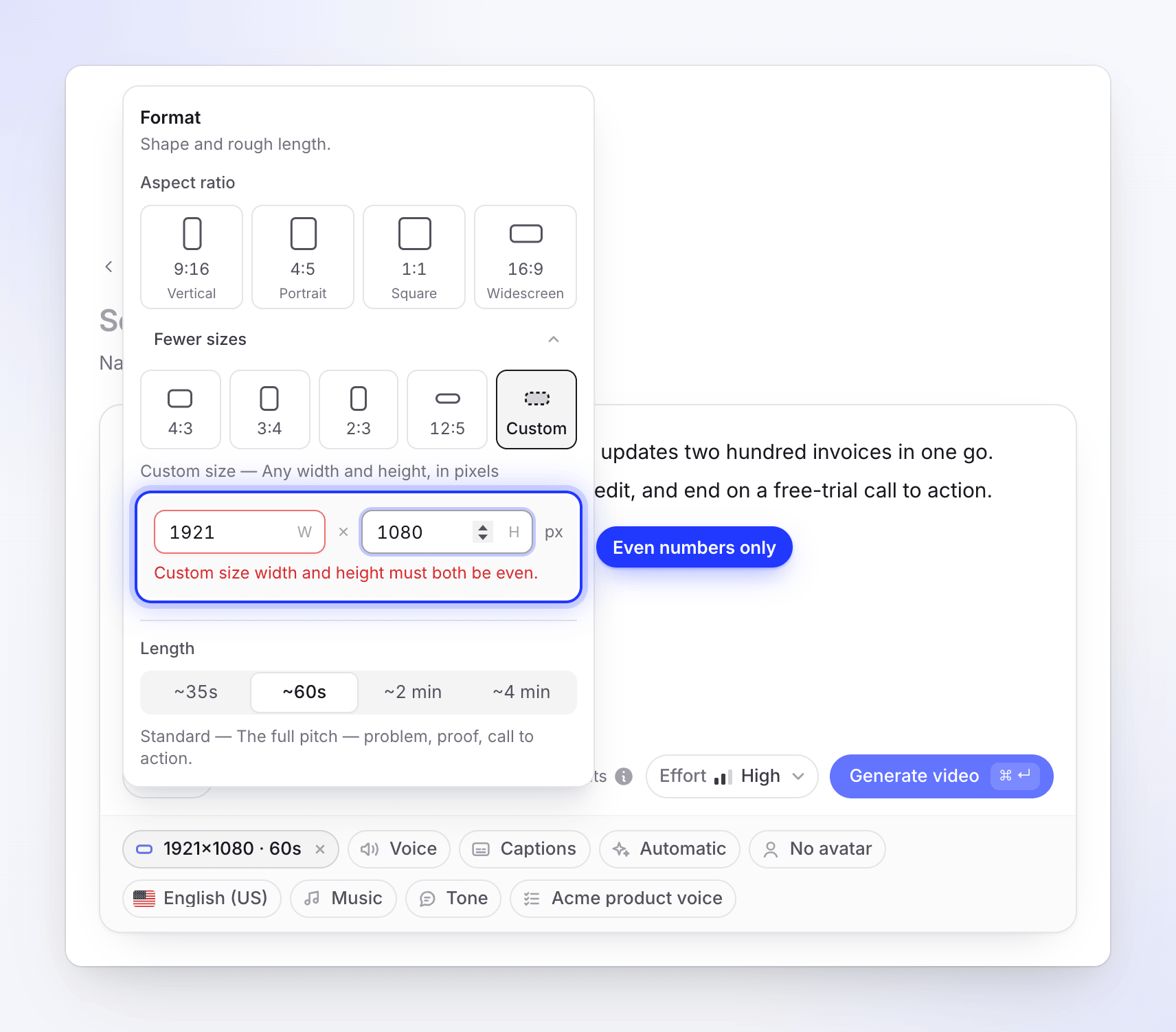 The custom size fields with an odd width marked in red and the even-numbers error