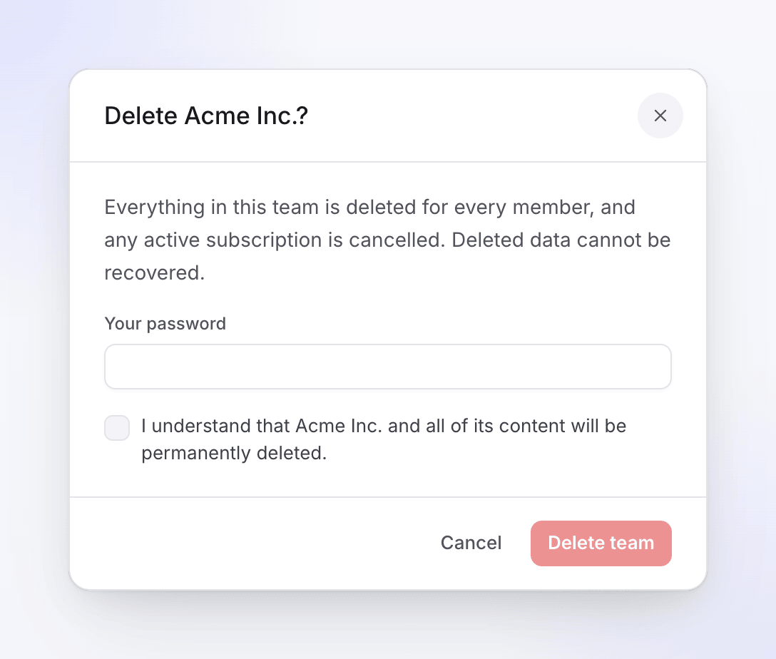 The Delete Acme Inc. dialog asking for your password and a confirmation tick