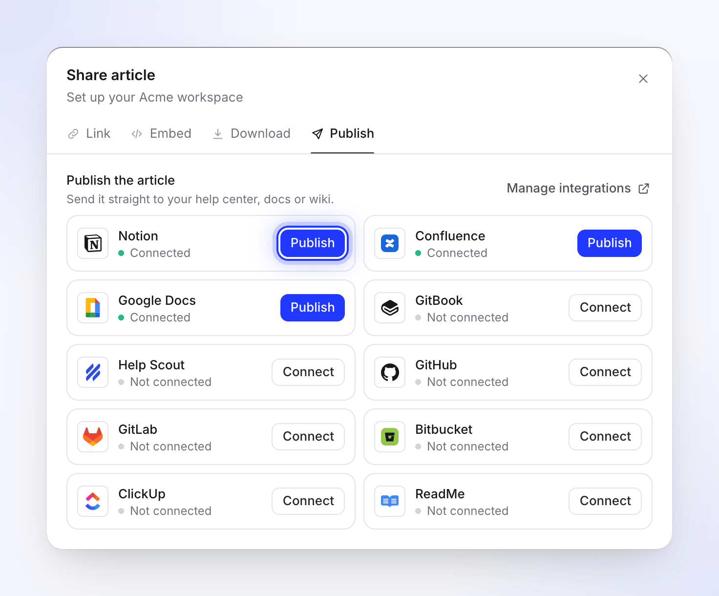 The Publish tab of the Share modal with Notion, Confluence and Google Docs connected and the other tools showing Connect