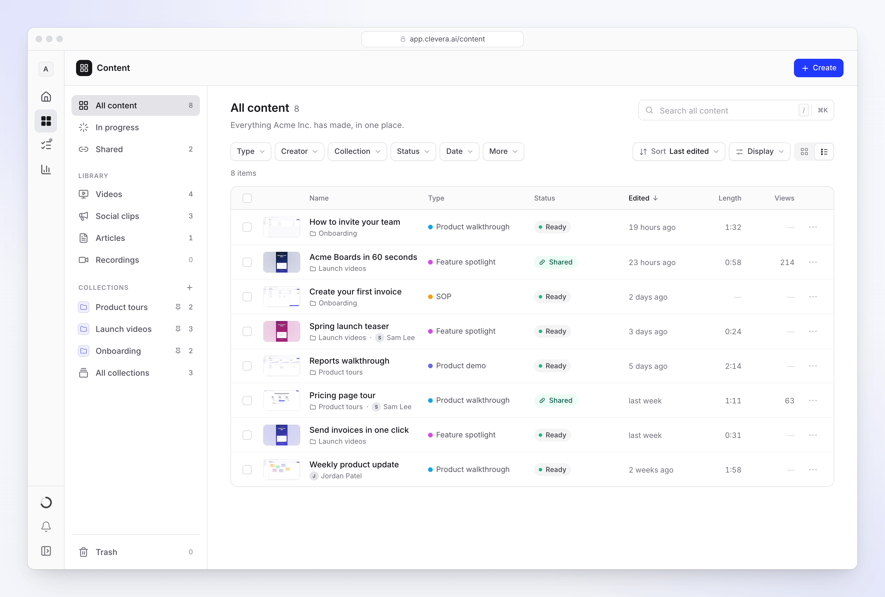La page Contenu sur Tout le contenu avec sa navigation de section