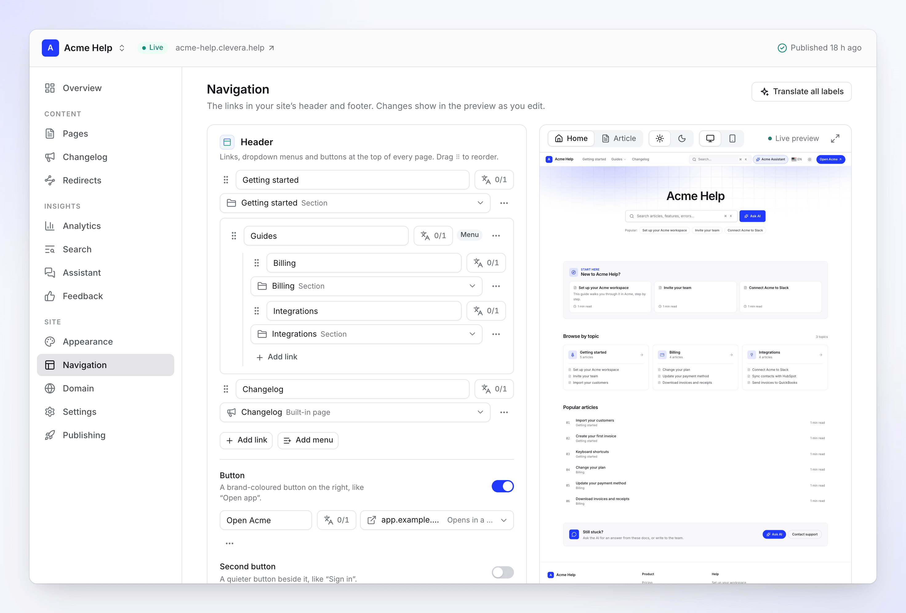 The Navigation screen: header links, a Guides menu, a Changelog link and an Open Acme button, with the live preview beside them