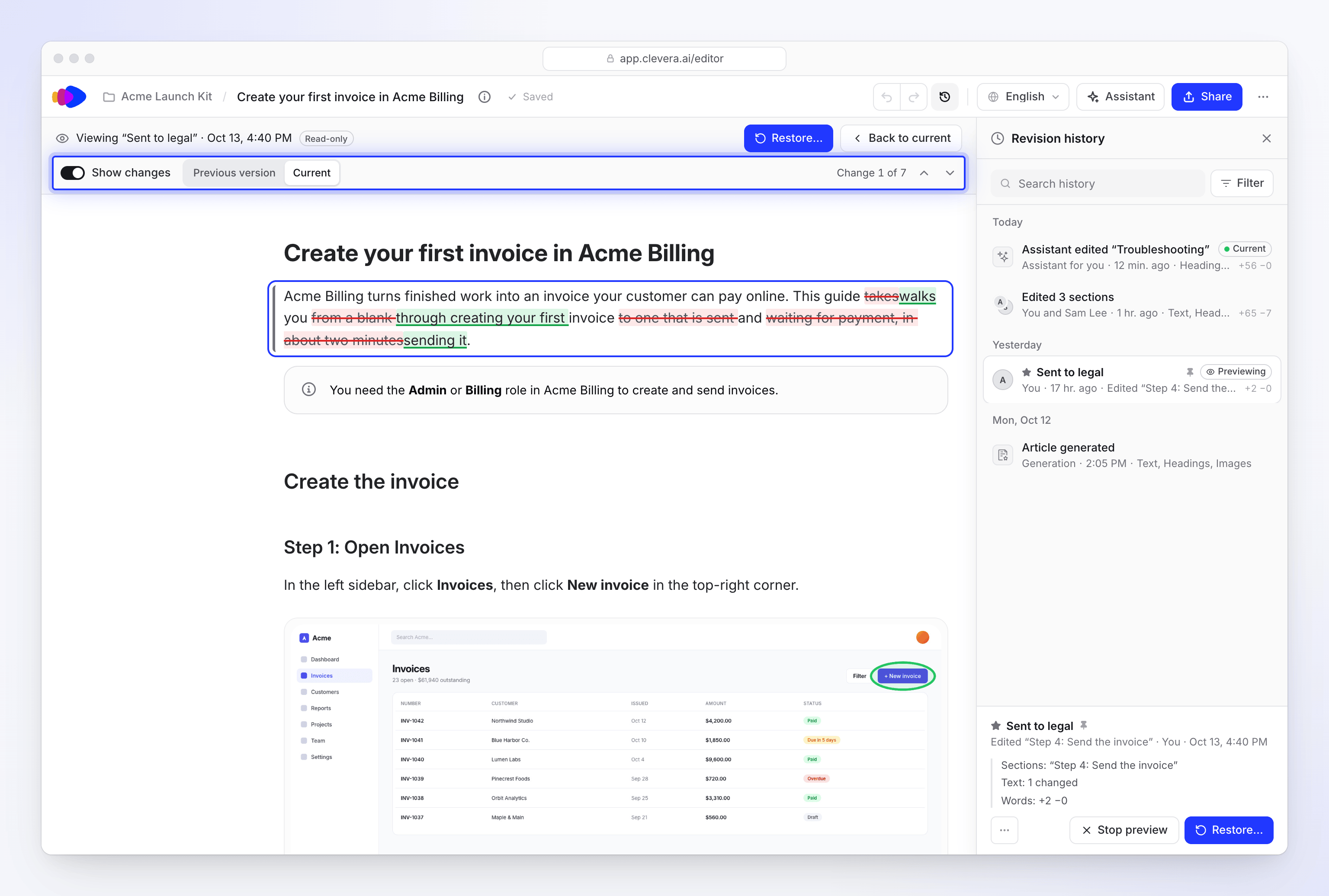 Previewing a named article version with changes marked against the current article