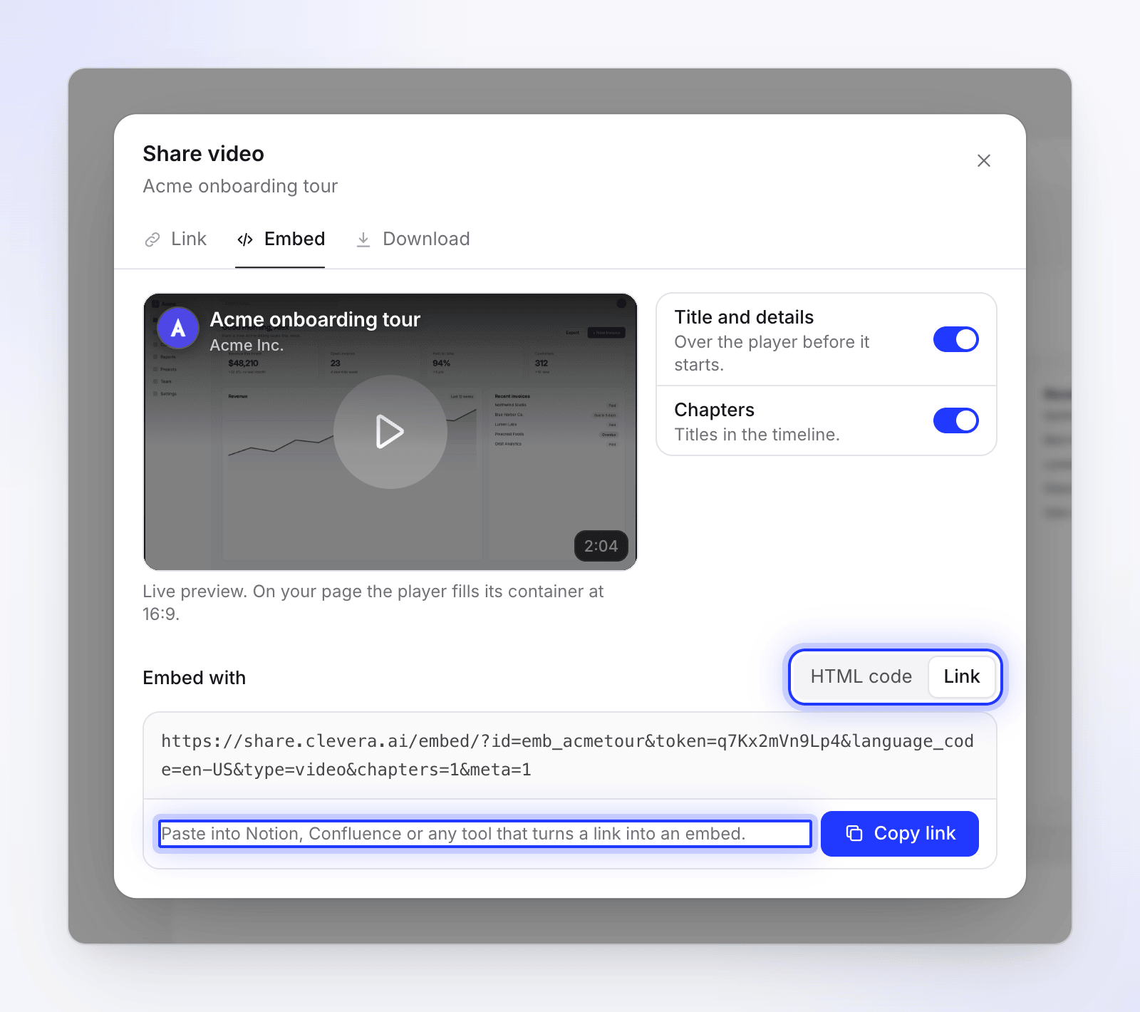 L'opzione Incorpora con Collegamento per Notion e Confluence, con Copia link.