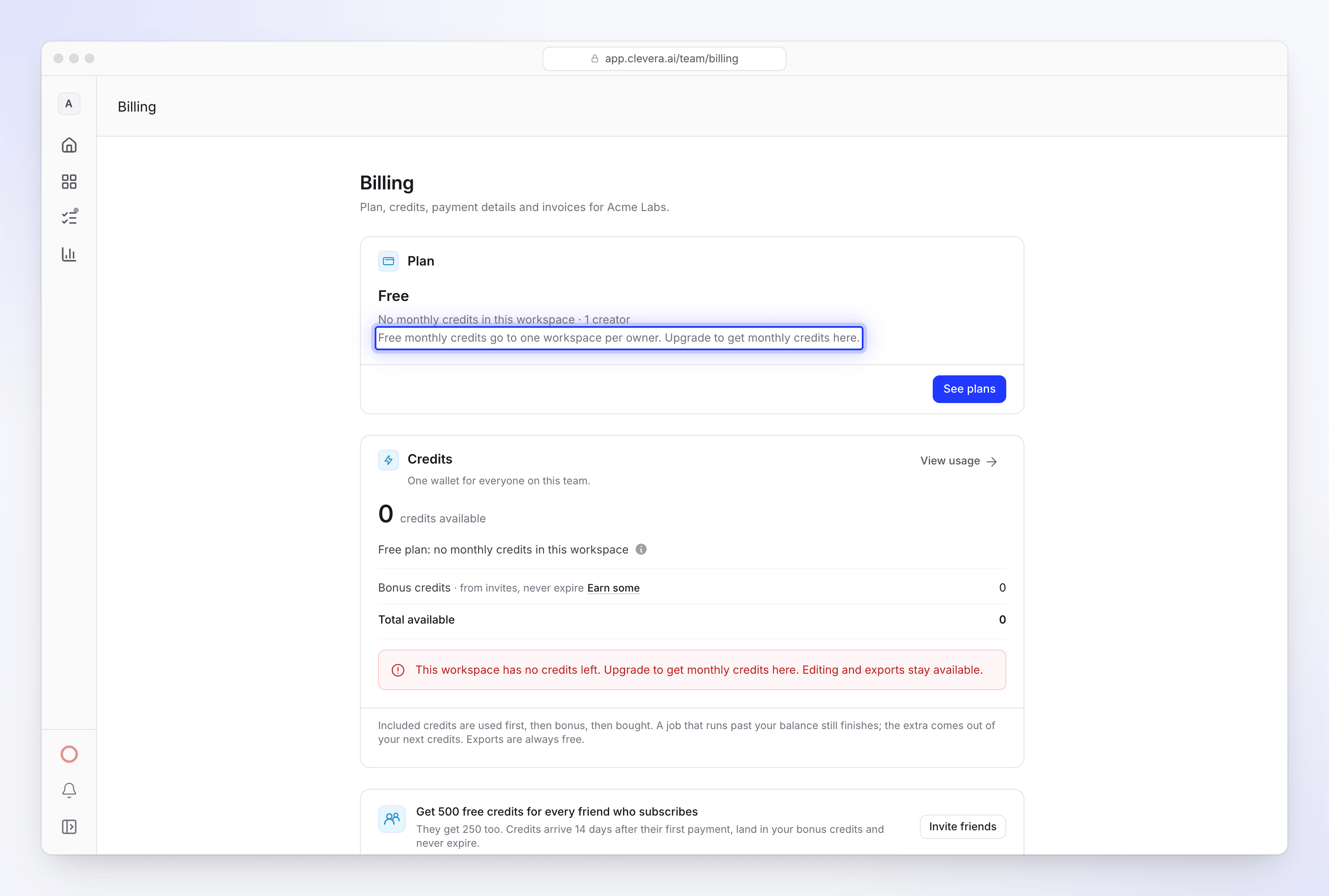 Facturación para un espacio de trabajo Free sin créditos mensuales