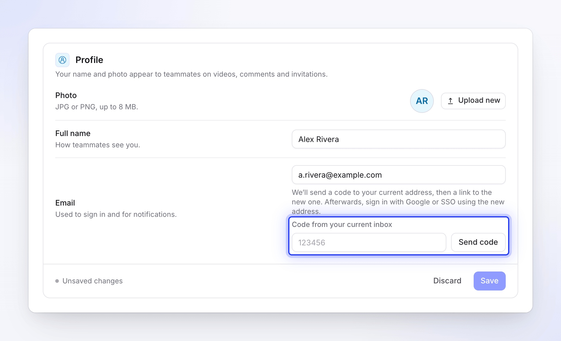 Account settings Profile for a Google or SSO account: a new email typed, Code from your current inbox and Send code.