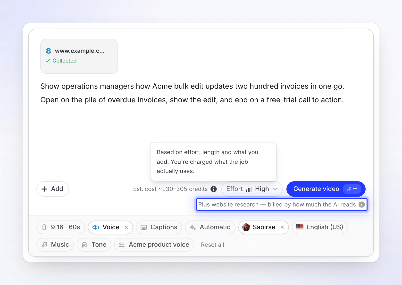 The estimate beside Generate video for a social clip with the AI avatar Saoirse, with its info tip open and a Plus website research line below