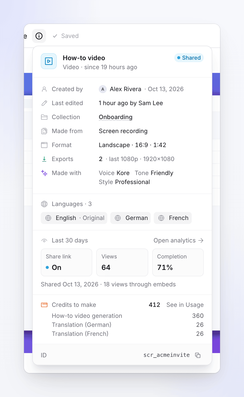 The About this video popover: Shared status, created by Alex Rivera, collection, source, format, exports, voice and tone, three languages, 30-day views and the credits it took.