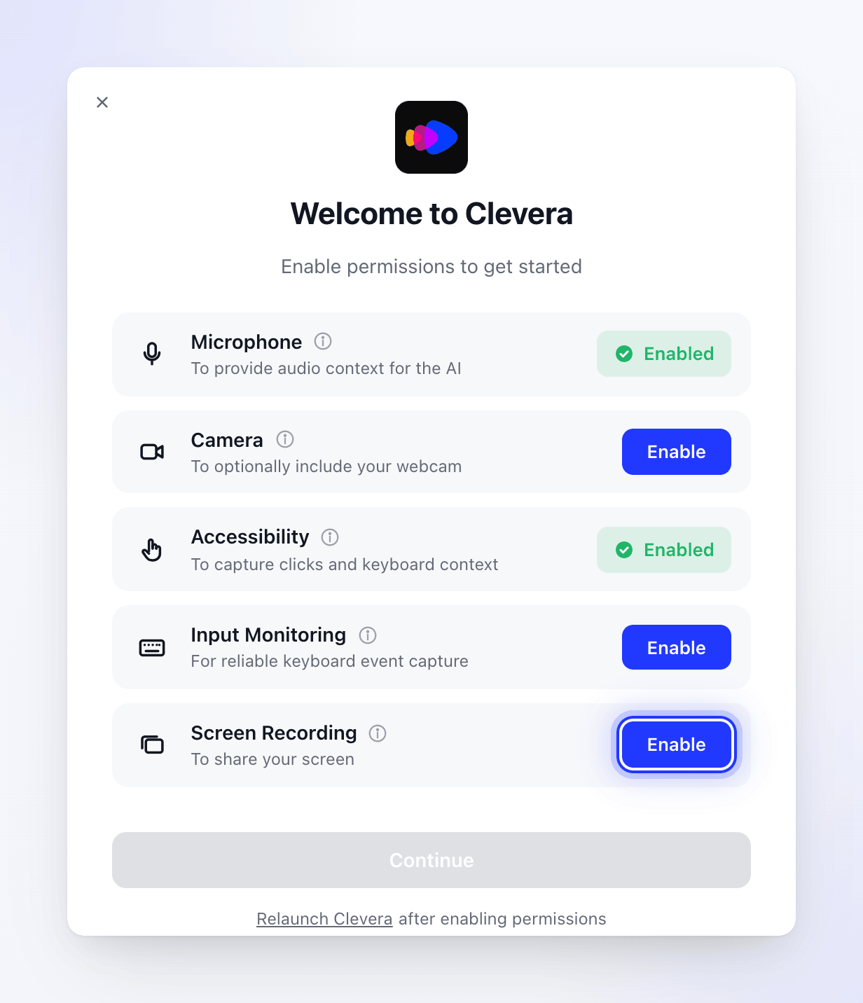 The Clevera permissions window with five permissions, two enabled and three waiting.