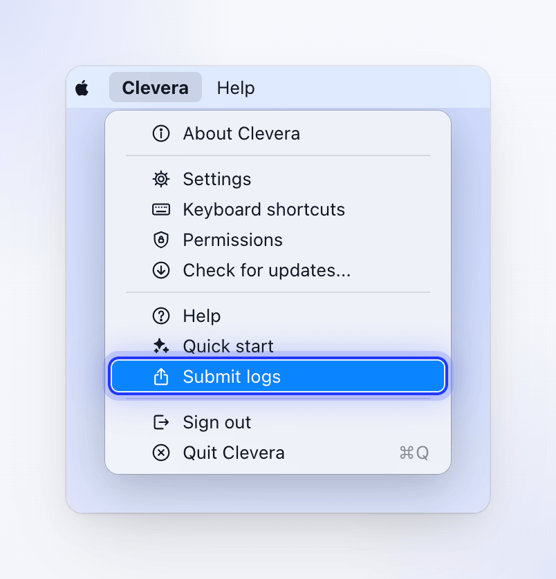 Mac: the Clevera menu in the menu bar, open, with Submit logs highlighted.