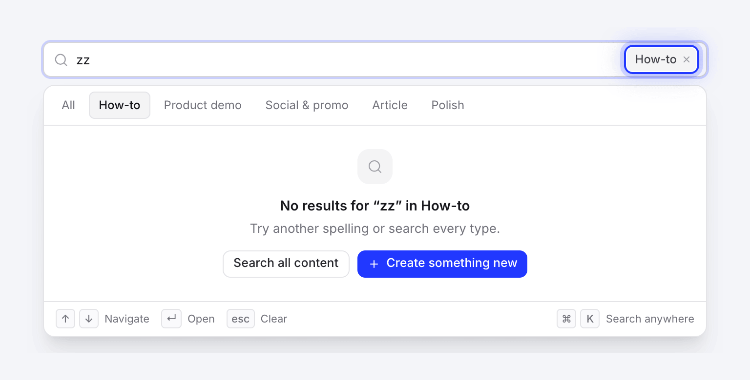 The search box scoped to How-to showing no results and a Search all content button