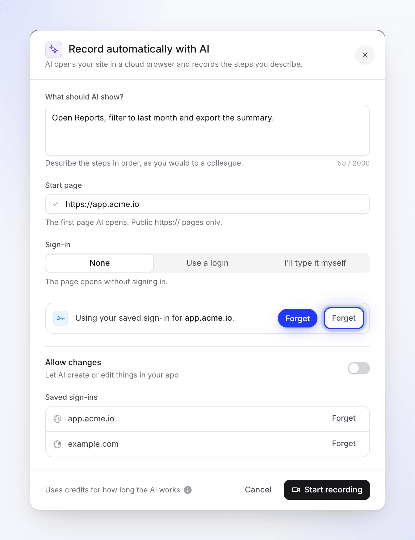 The Record with AI dialog using a saved sign-in, with Forget buttons