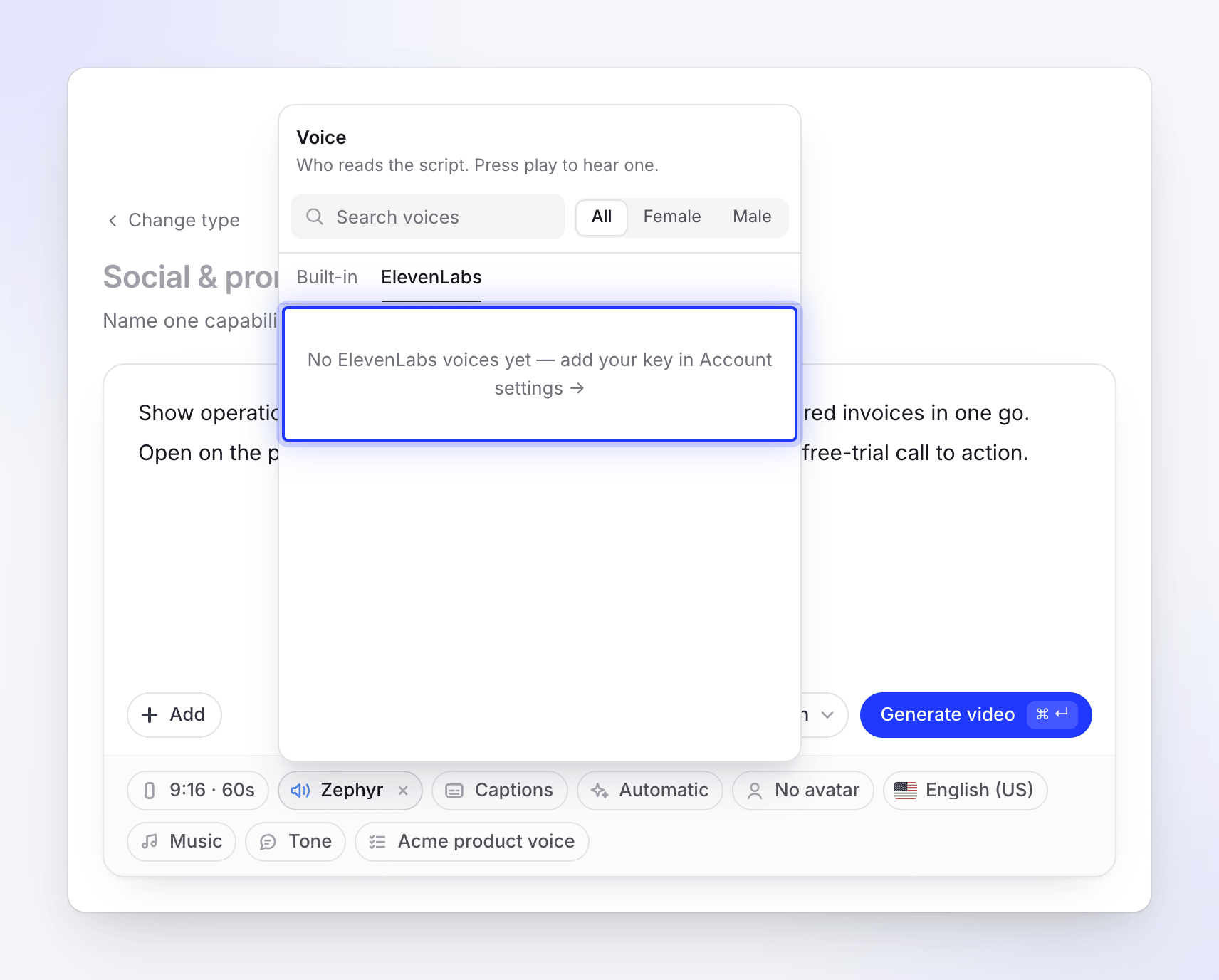 The empty ElevenLabs tab with a link to add a key in Account settings