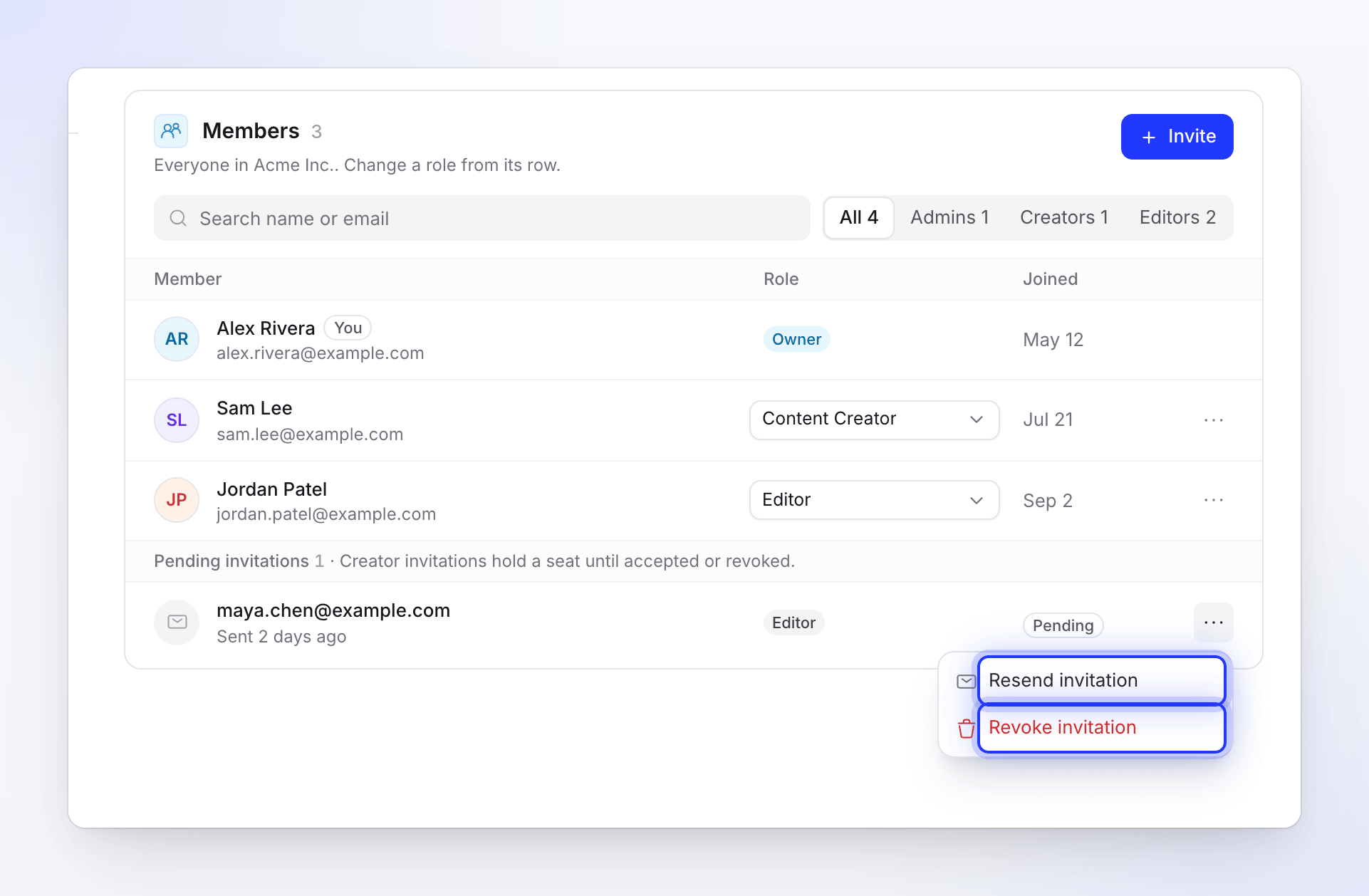 A pending invitation with its menu open: Resend invitation and Revoke invitation