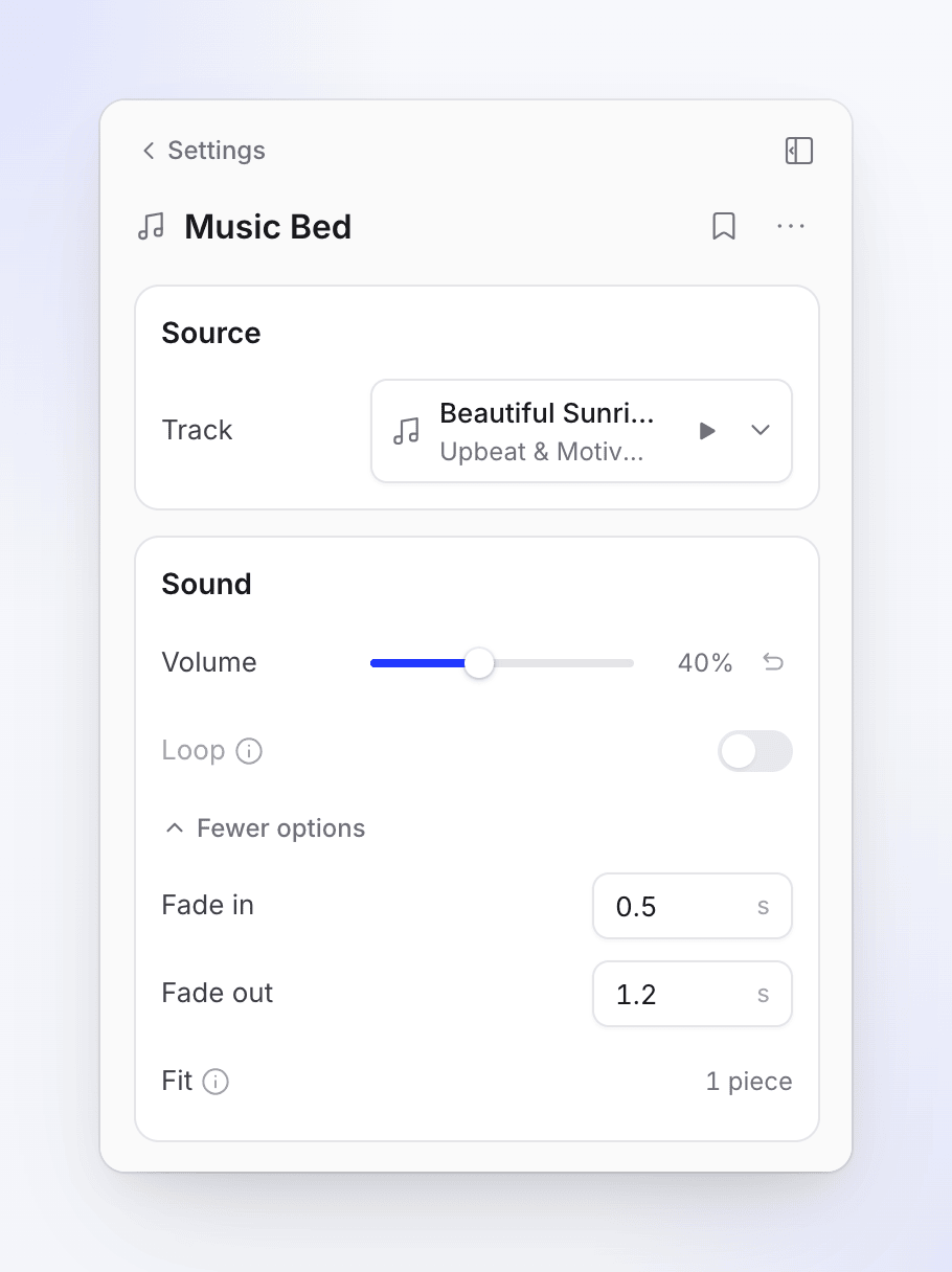 The background music panel with track, volume, loop, fade in, fade out and fit.
