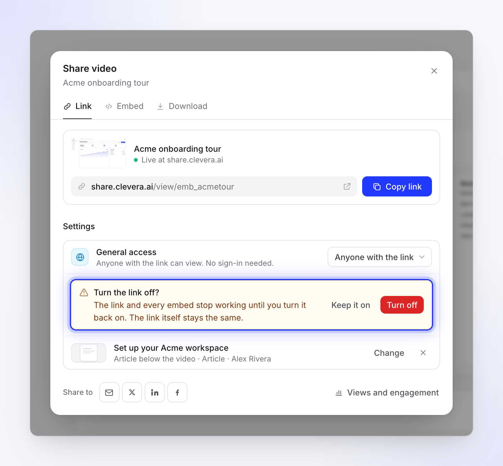 The confirmation Turn the link off? with Keep it on and Turn off buttons.