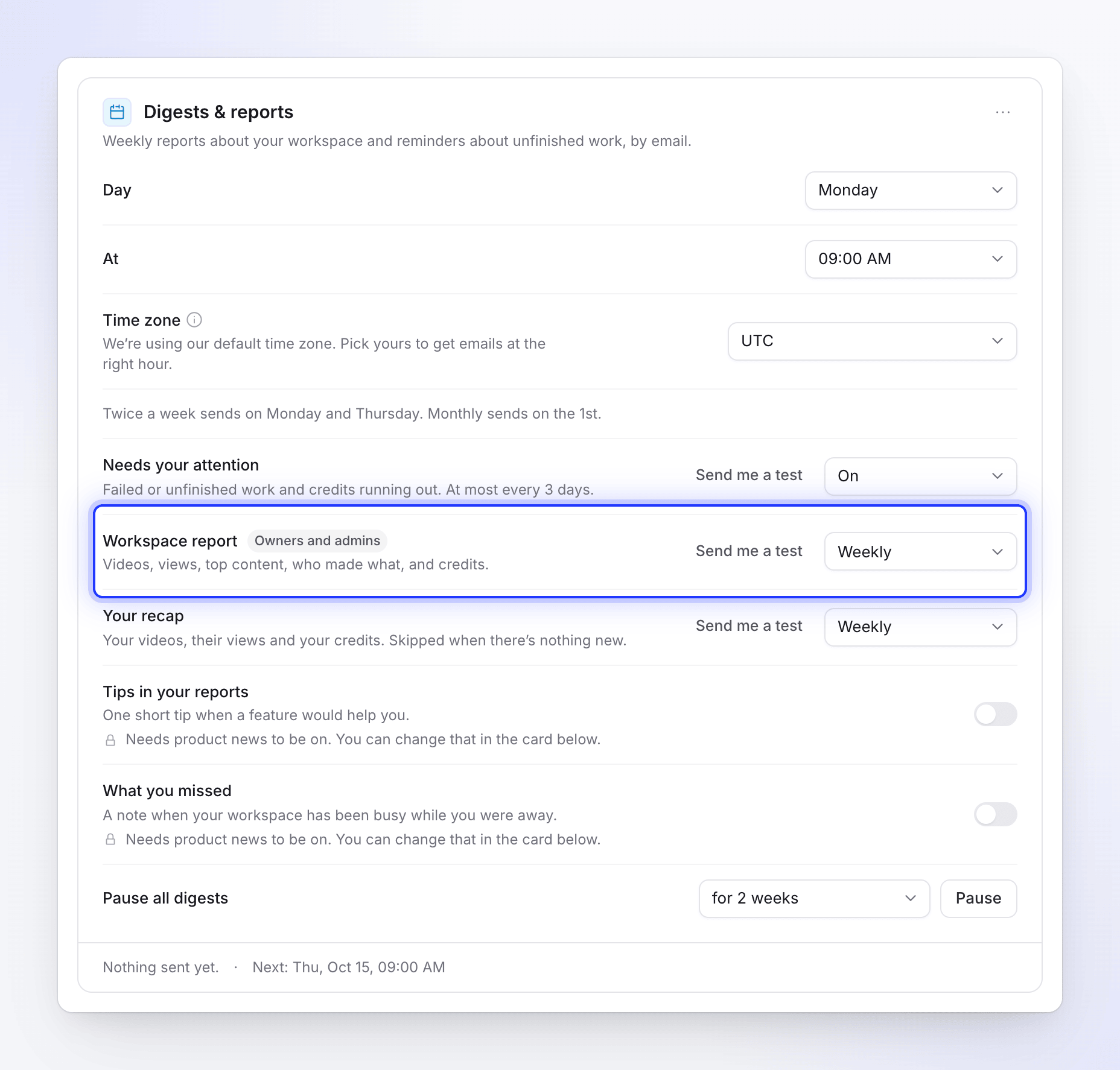 The Digests & reports card with day, time, time zone and each email's cadence