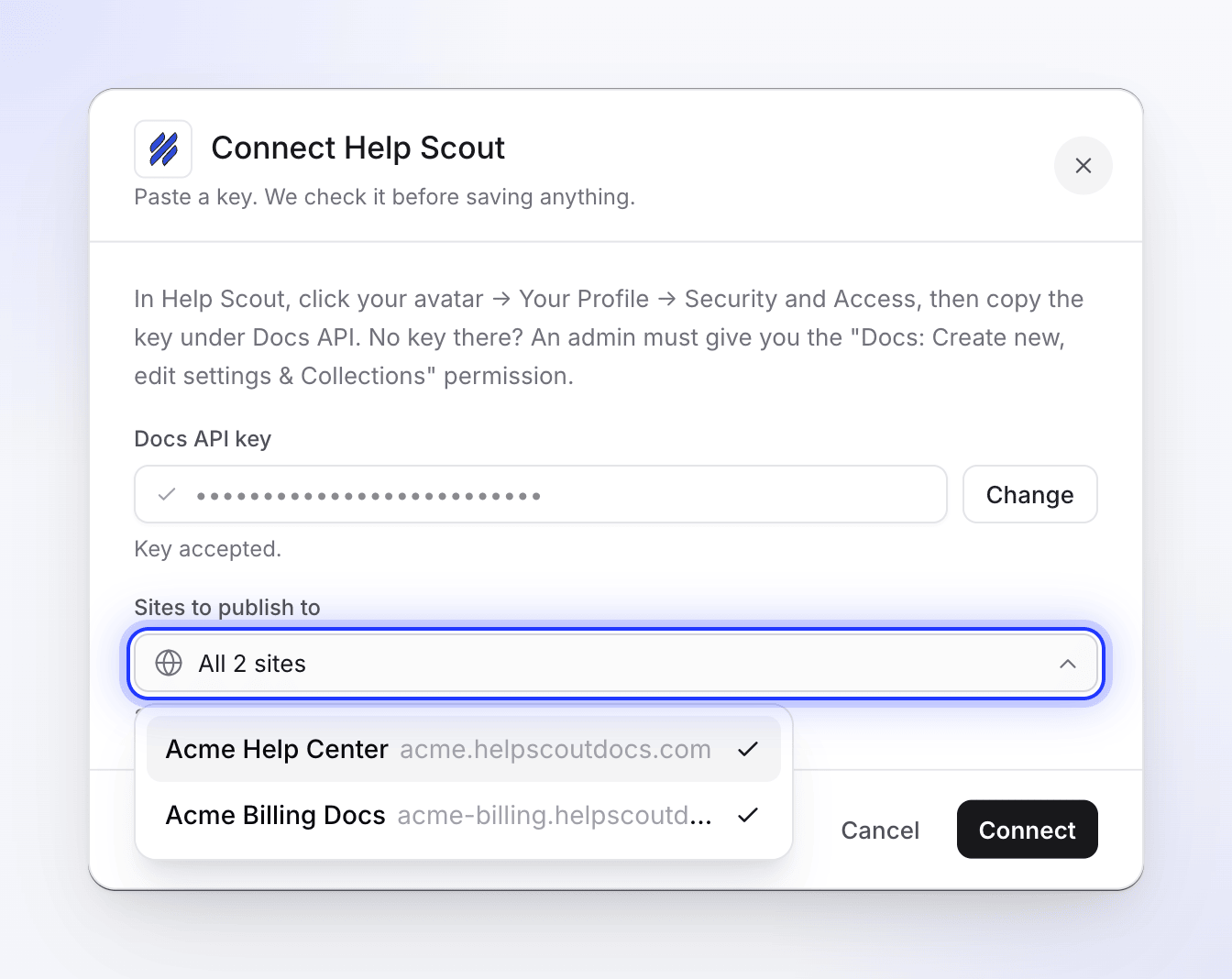 Scelta dei siti Help Scout Docs su cui pubblicare, con entrambi i siti selezionati