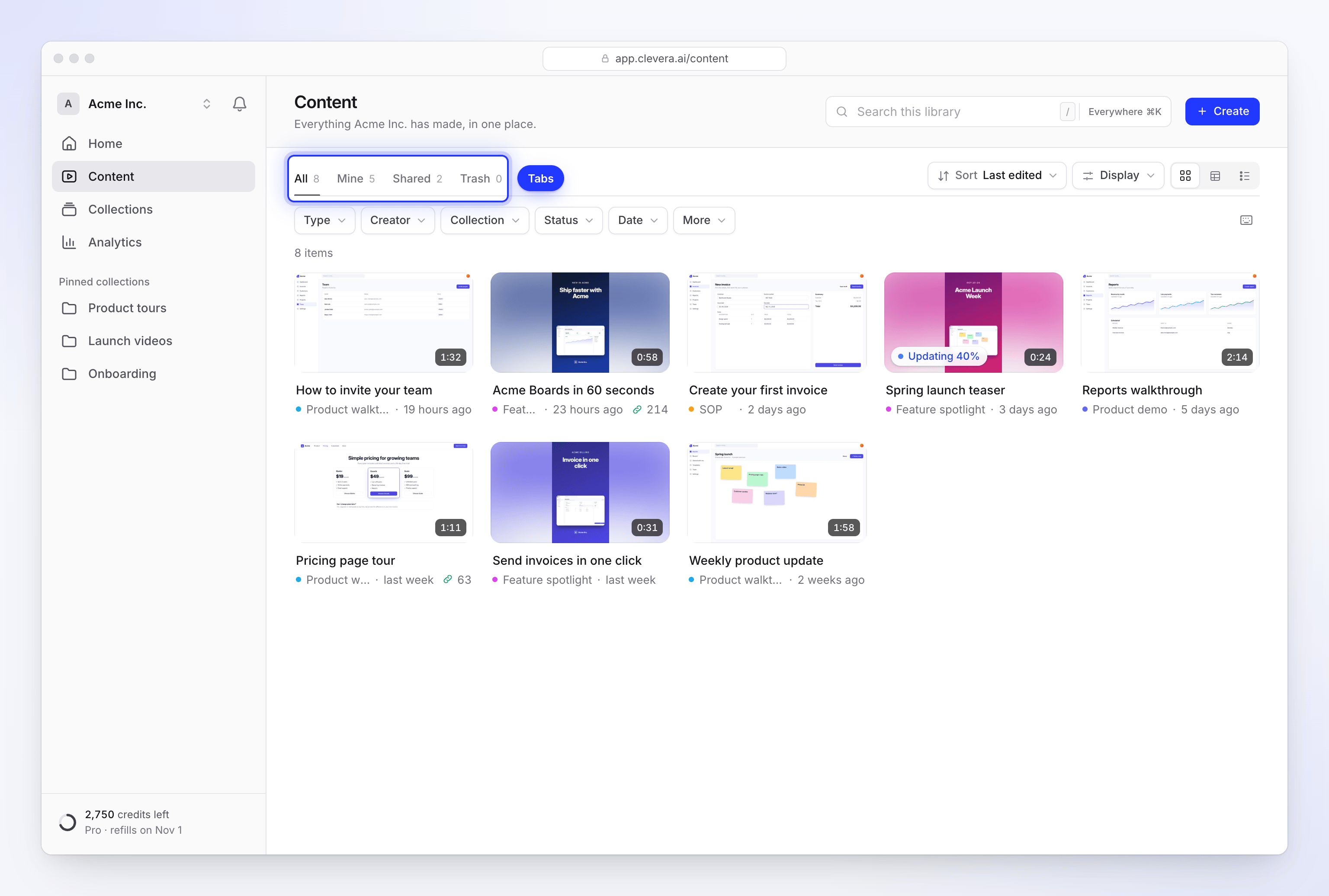 The Content page in grid view with All, Mine, Shared and Trash tabs and the filter row